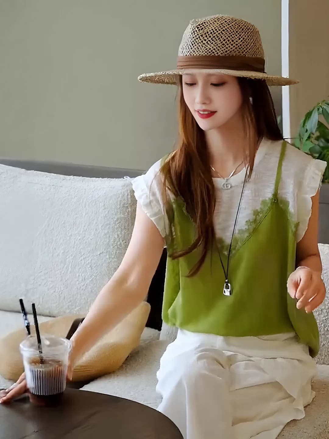 고급 센스 패치워크 색상 레이스 민소매 티셔츠 여성 여름 얇은 스타일 2026 새로운 페이크 레이어드 맨위 패션 외국 가스 상세 이미지 6