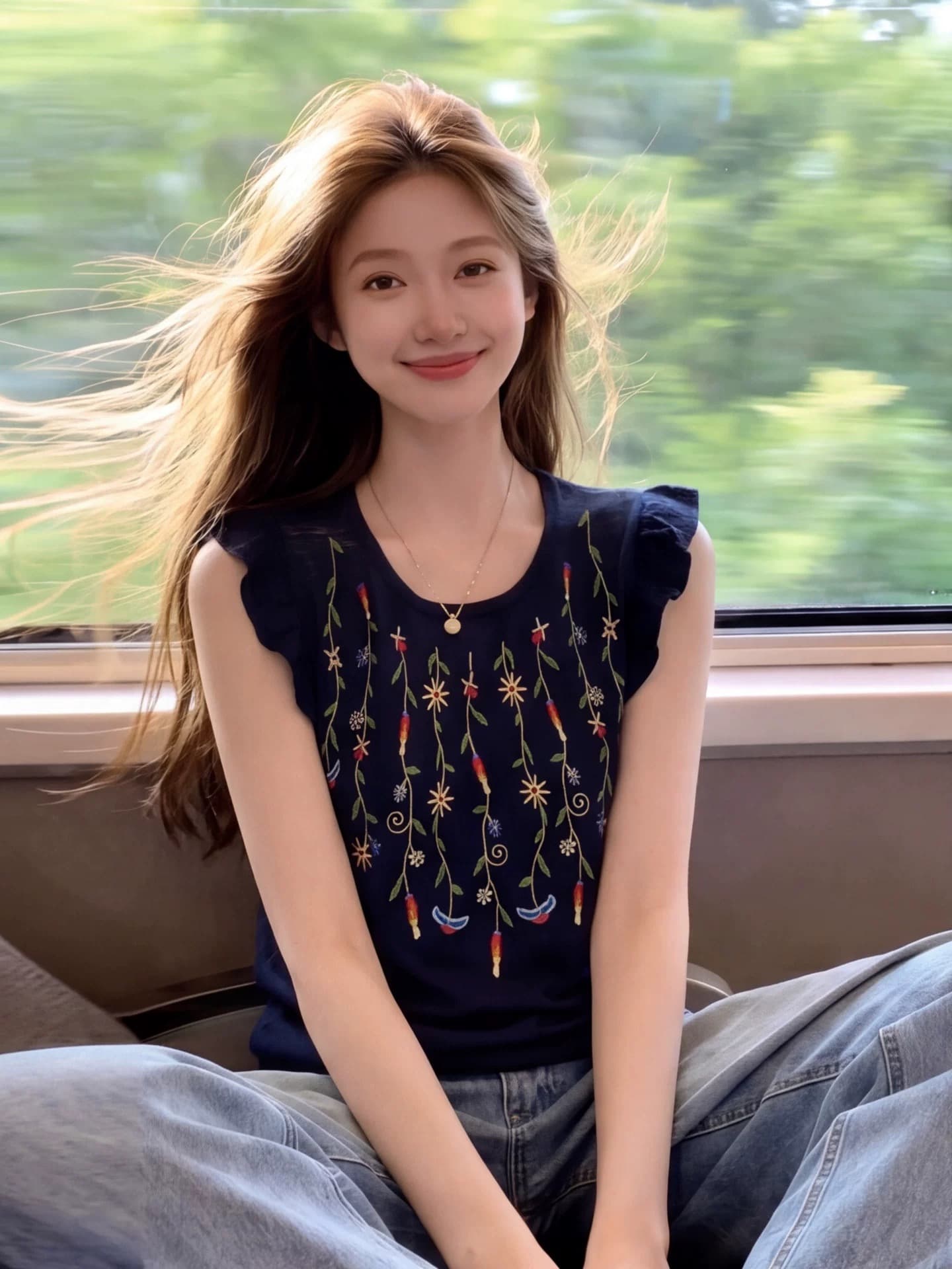 달콤한 스타일 자수 꽃 작은 날다 소매 짠 셔츠 여성 여름 새로운 아름다운 연령 감소 맨위 이미지 2