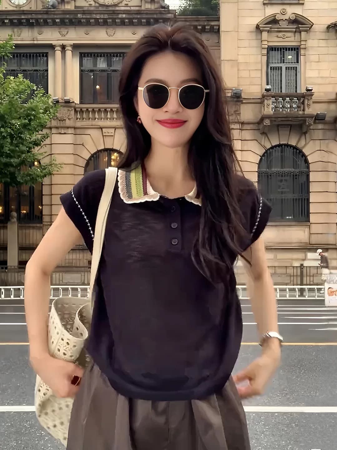배색 폴로 칼라 POLO 셔츠 맨위 새로운 고급 센스 여성 의류 티셔츠 밖으로 조각 아름다운 옷 여름 이미지 3