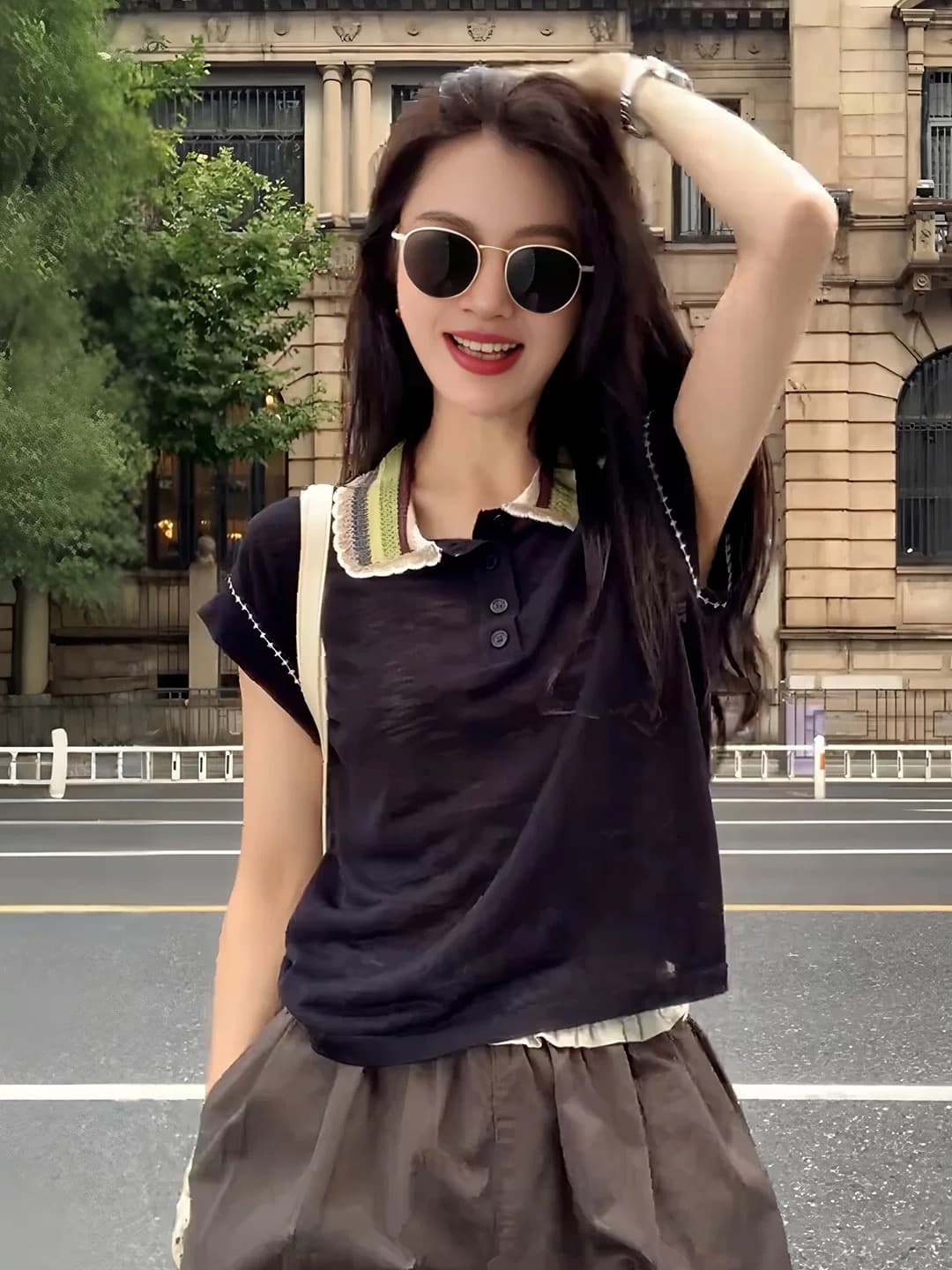 배색 폴로 칼라 POLO 셔츠 맨위 새로운 고급 센스 여성 의류 티셔츠 밖으로 조각 아름다운 옷 여름 이미지 5