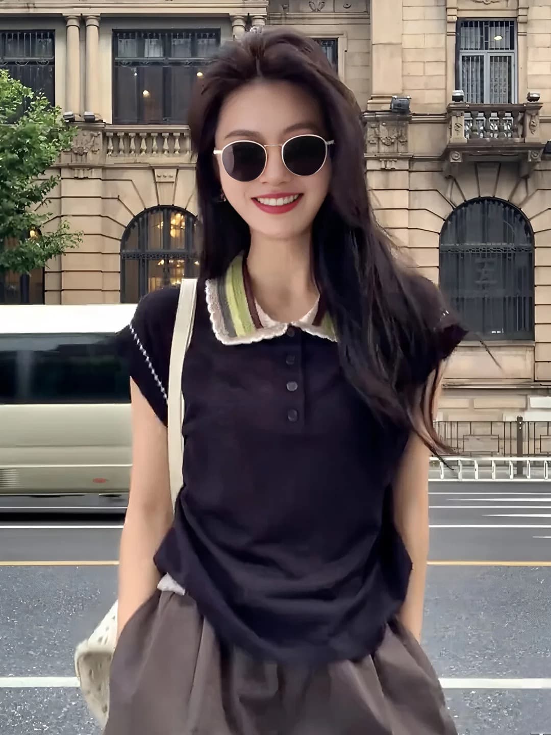 배색 폴로 칼라 POLO 셔츠 맨위 새로운 고급 센스 여성 의류 티셔츠 밖으로 조각 아름다운 옷 여름 상세 이미지 2