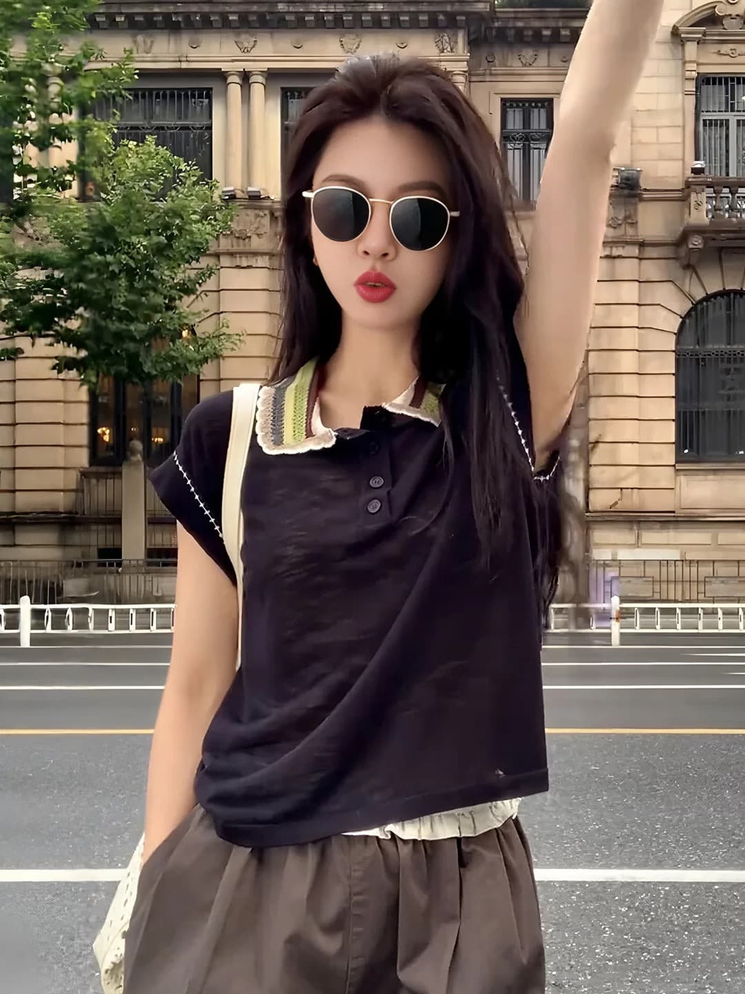 배색 폴로 칼라 POLO 셔츠 맨위 새로운 고급 센스 여성 의류 티셔츠 밖으로 조각 아름다운 옷 여름 상세 이미지 6