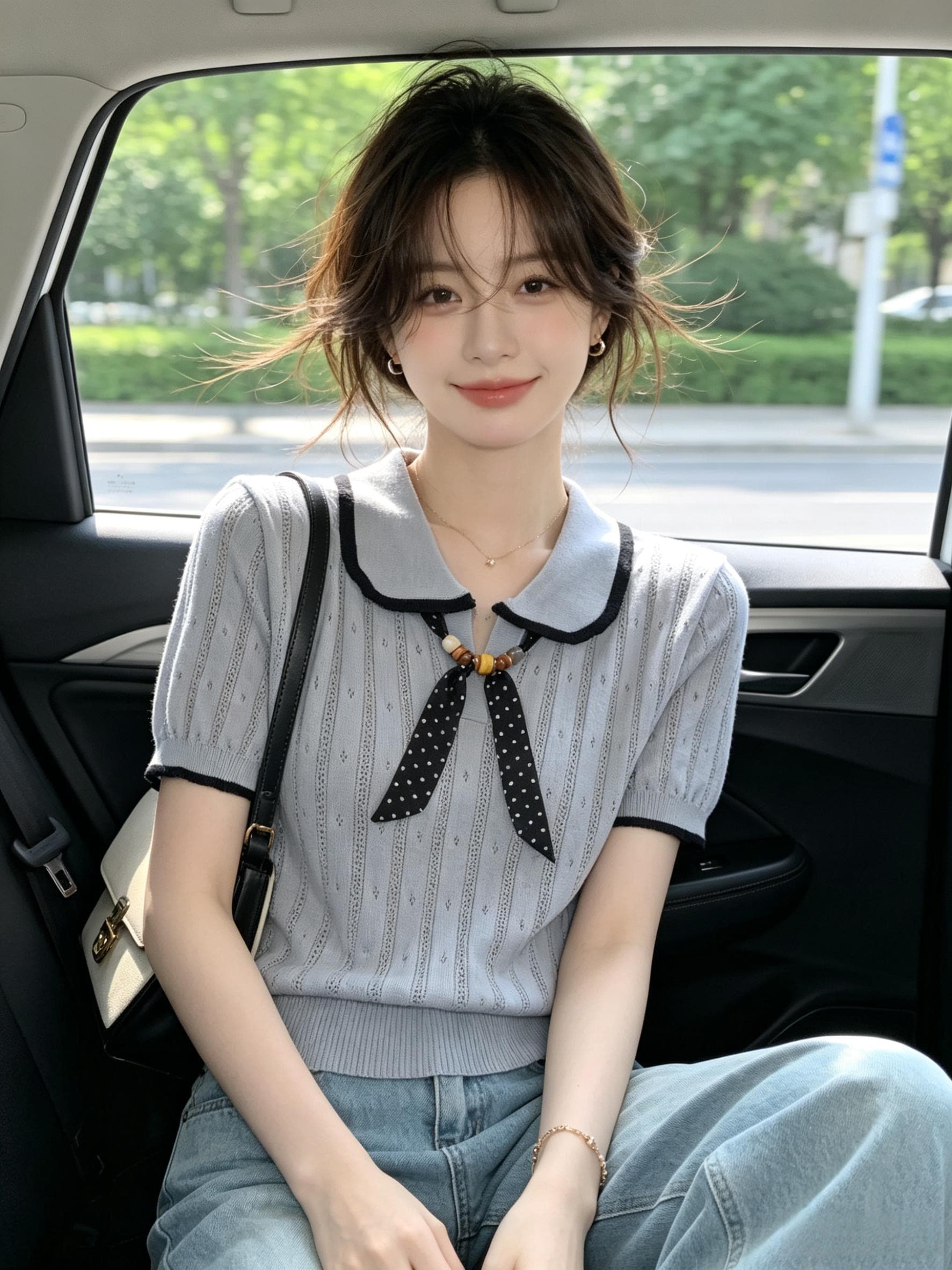 오래된 돈 바람 착용 가져 가라. 배색 폴로 칼라 스카프 레이스업 니트 반팔 티셔츠 여성 여름 얇은 스타일 몸매 가꾸기 슬림해 보이는 맨위 이미지 2