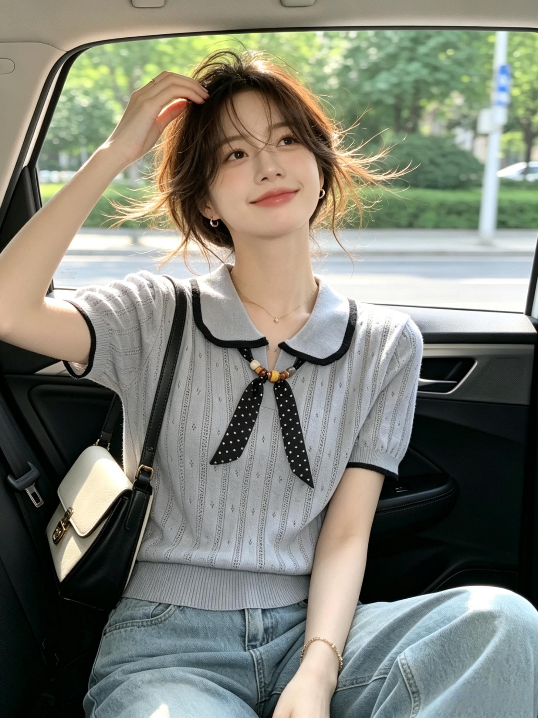 오래된 돈 바람 착용 가져 가라. 배색 폴로 칼라 스카프 레이스업 니트 반팔 티셔츠 여성 여름 얇은 스타일 몸매 가꾸기 슬림해 보이는 맨위 이미지 4