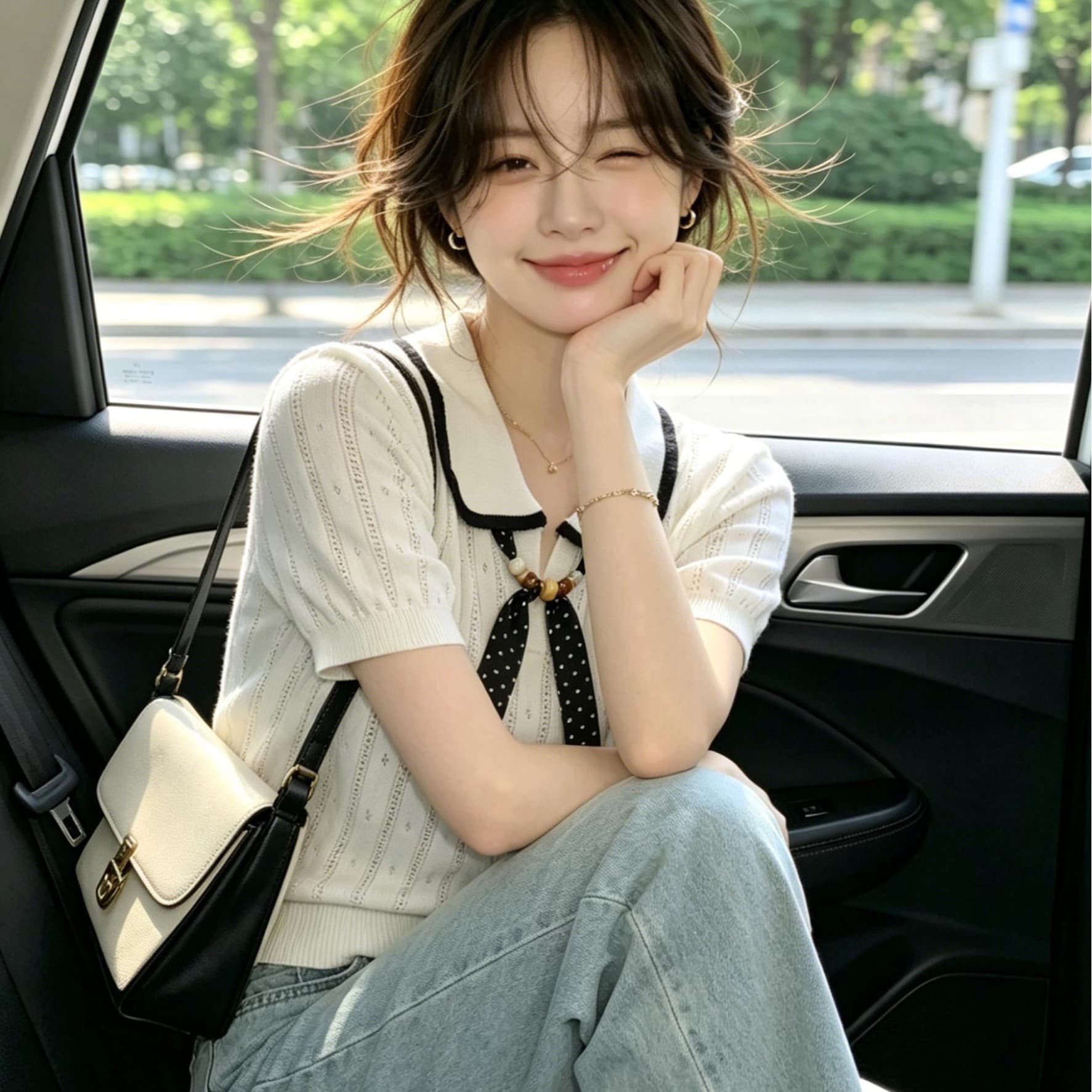 오래된 돈 바람 착용 가져 가라. 배색 폴로 칼라 스카프 레이스업 니트 반팔 티셔츠 여성 여름 얇은 스타일 몸매 가꾸기 슬림해 보이는 맨위 이미지 5