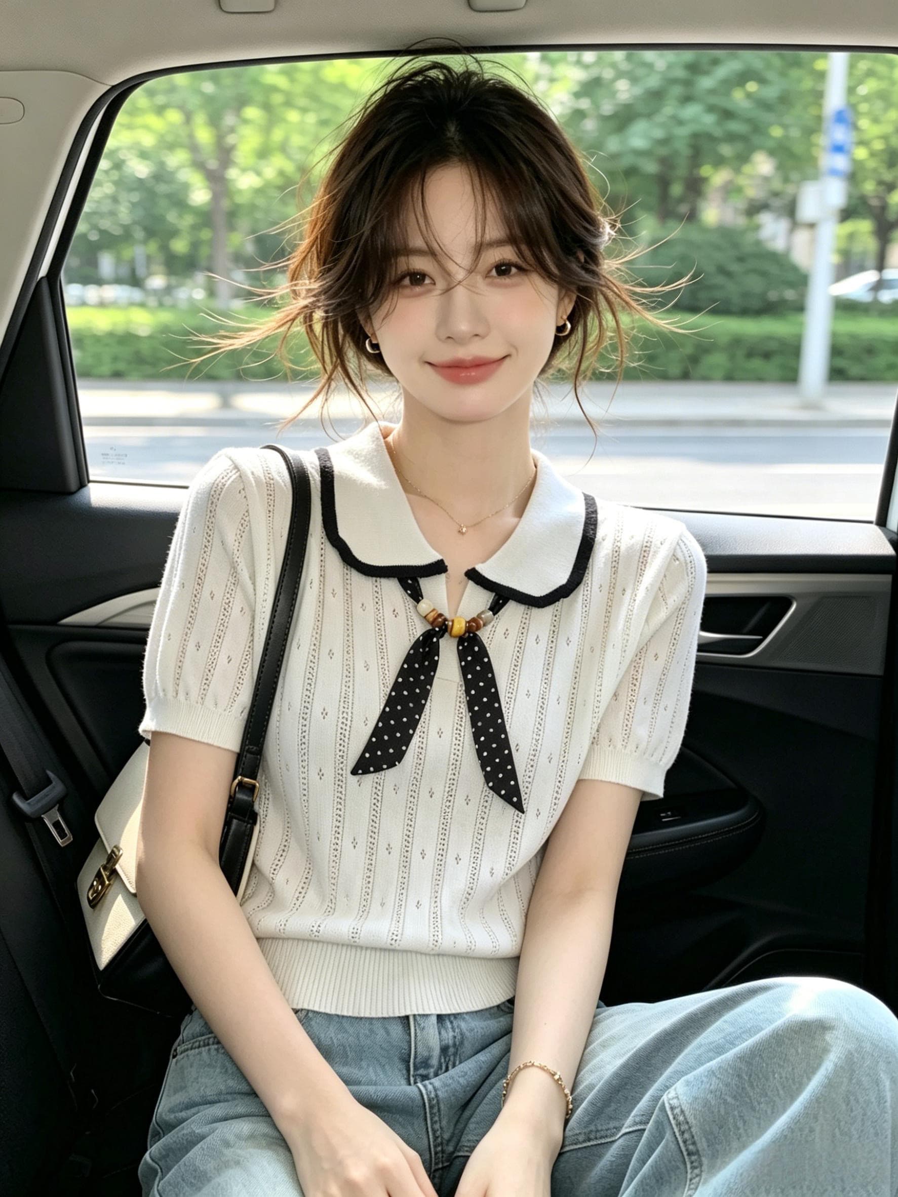 오래된 돈 바람 착용 가져 가라. 배색 폴로 칼라 스카프 레이스업 니트 반팔 티셔츠 여성 여름 얇은 스타일 몸매 가꾸기 슬림해 보이는 맨위 상세 이미지 1