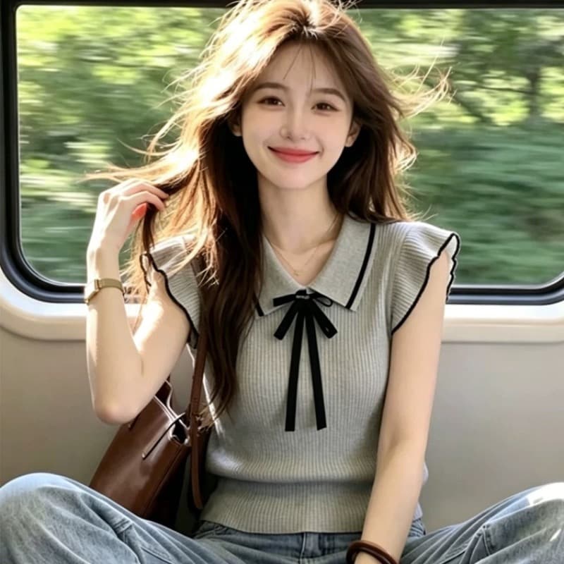 한 부서 화이트 POLO 칼라 니트 반팔 티셔츠 여성 여름 나비 매듭 폴로 칼라 작은 날다 소매 몸매 가꾸기 쇼트 스타일 맨위 이미지 5
