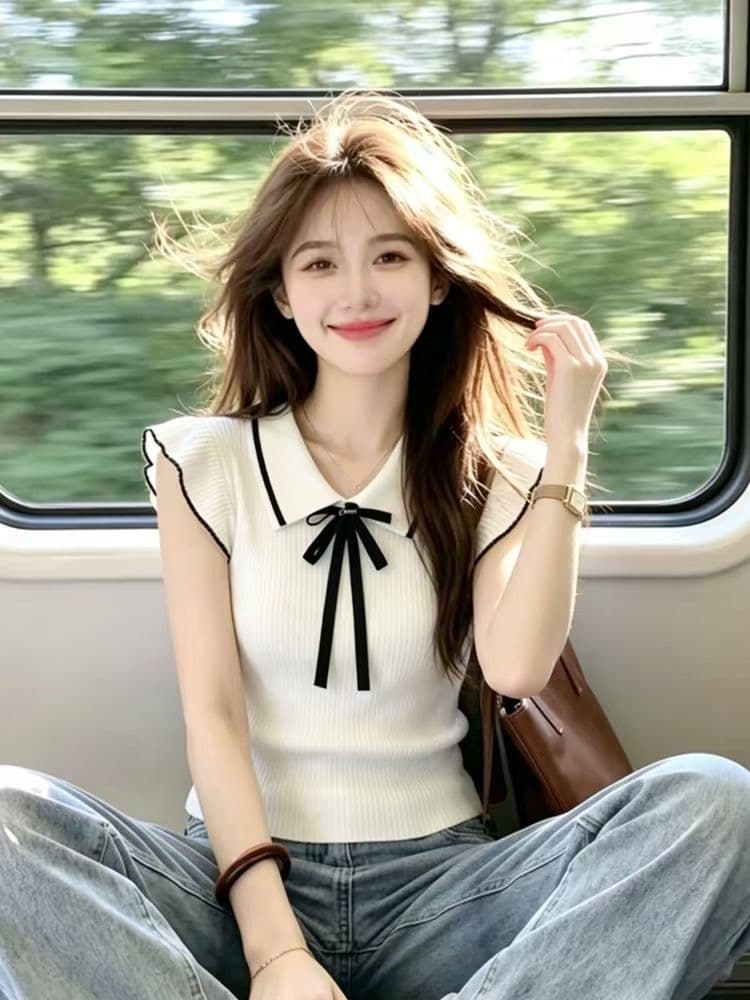 한 부서 화이트 POLO 칼라 니트 반팔 티셔츠 여성 여름 나비 매듭 폴로 칼라 작은 날다 소매 몸매 가꾸기 쇼트 스타일 맨위 상세 이미지 1