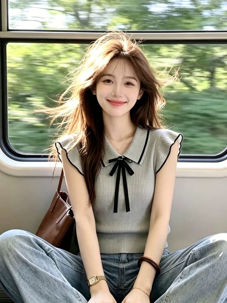 한 부서 화이트 POLO 칼라 니트 반팔 티셔츠 여성 여름 나비 매듭 폴로 칼라 작은 날다 소매 몸매 가꾸기 쇼트 스타일 맨위 상세 이미지 4
