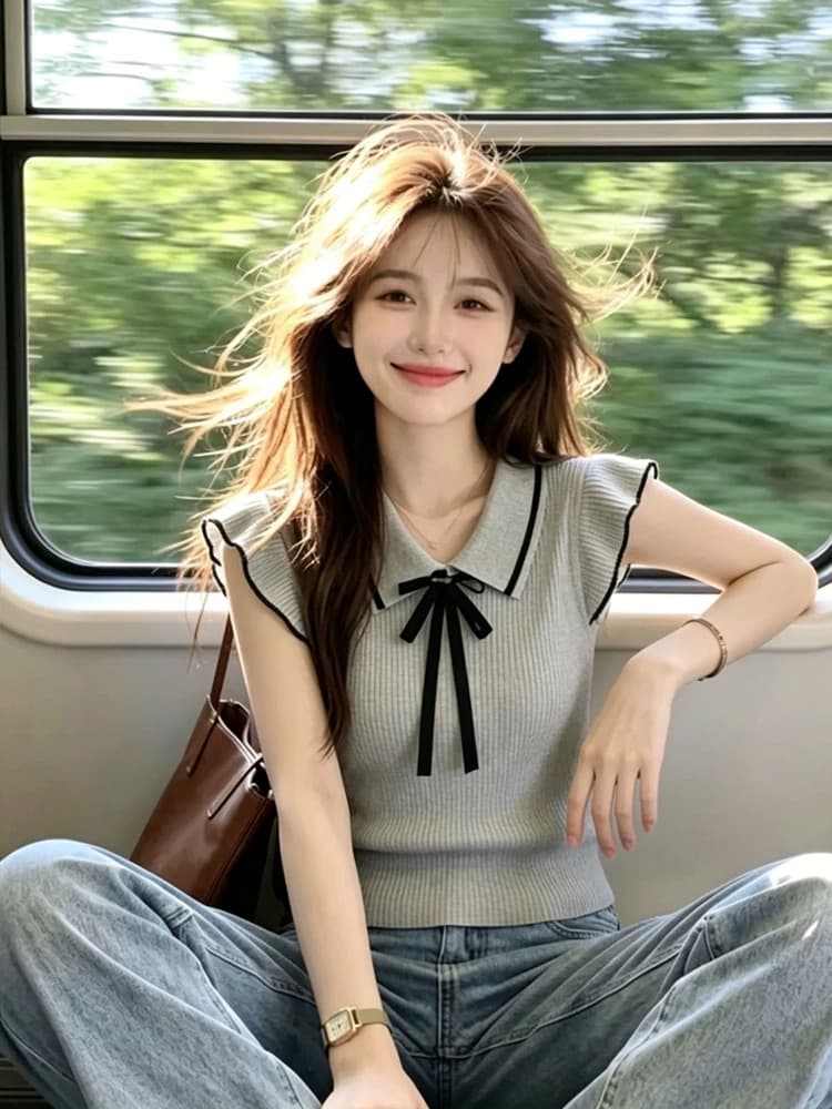 한 부서 화이트 POLO 칼라 니트 반팔 티셔츠 여성 여름 나비 매듭 폴로 칼라 작은 날다 소매 몸매 가꾸기 쇼트 스타일 맨위 상세 이미지 6