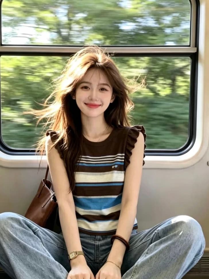 레트로 배색 스트라이프 Feifei 소매 짠 셔츠 여성 여름 새로운 부드러운 바람 슬림해 보이는 맨위 이미지 4