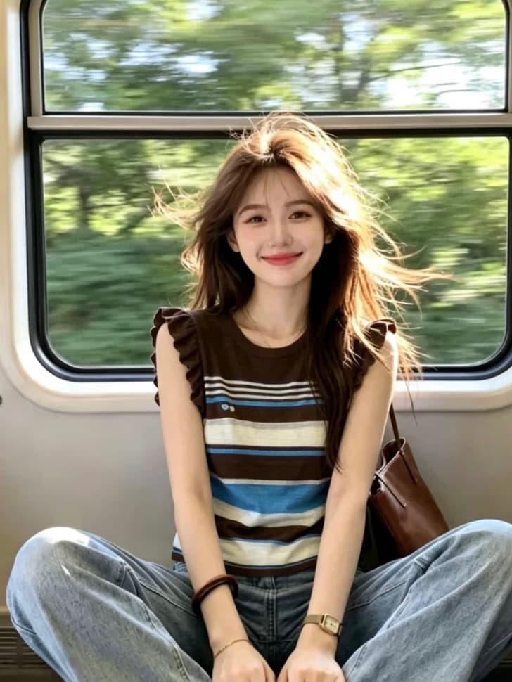 레트로 배색 스트라이프 Feifei 소매 짠 셔츠 여성 여름 새로운 부드러운 바람 슬림해 보이는 맨위 이미지 5