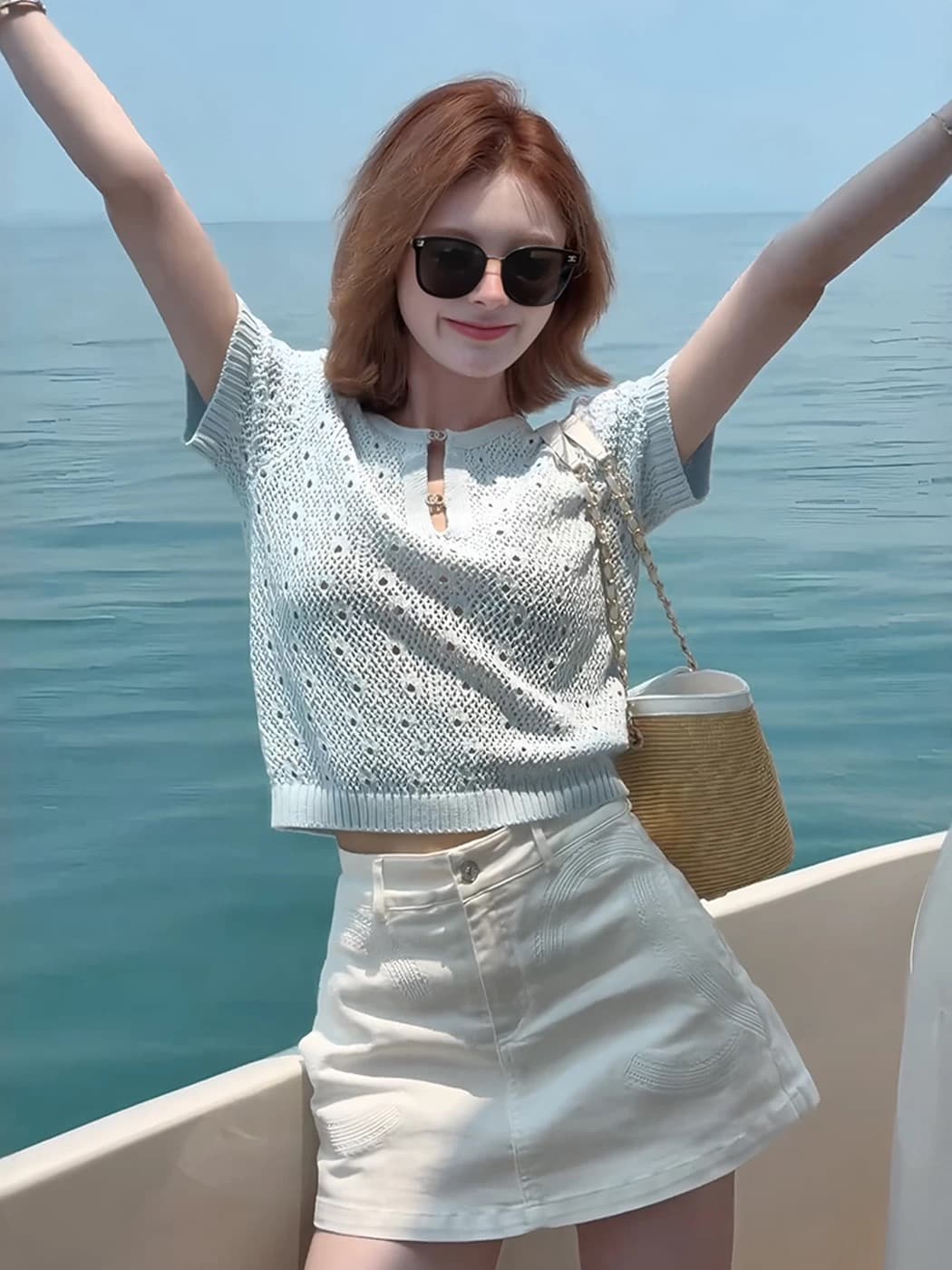 프랑스식 홀로우 아웃 질감 센스 얼음 실크 니트 반팔 티셔츠 여성 여름 작은 샤넬 스타일 품격 몸매 가꾸기 슬림해 보이는 얇은 맨위 상세 이미지 3