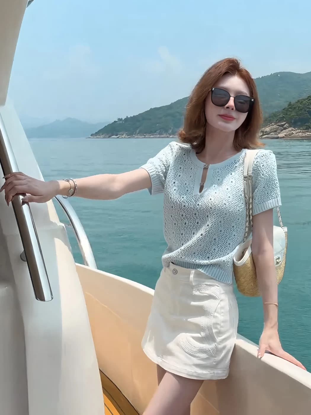 프랑스식 홀로우 아웃 질감 센스 얼음 실크 니트 반팔 티셔츠 여성 여름 작은 샤넬 스타일 품격 몸매 가꾸기 슬림해 보이는 얇은 맨위 상세 이미지 4