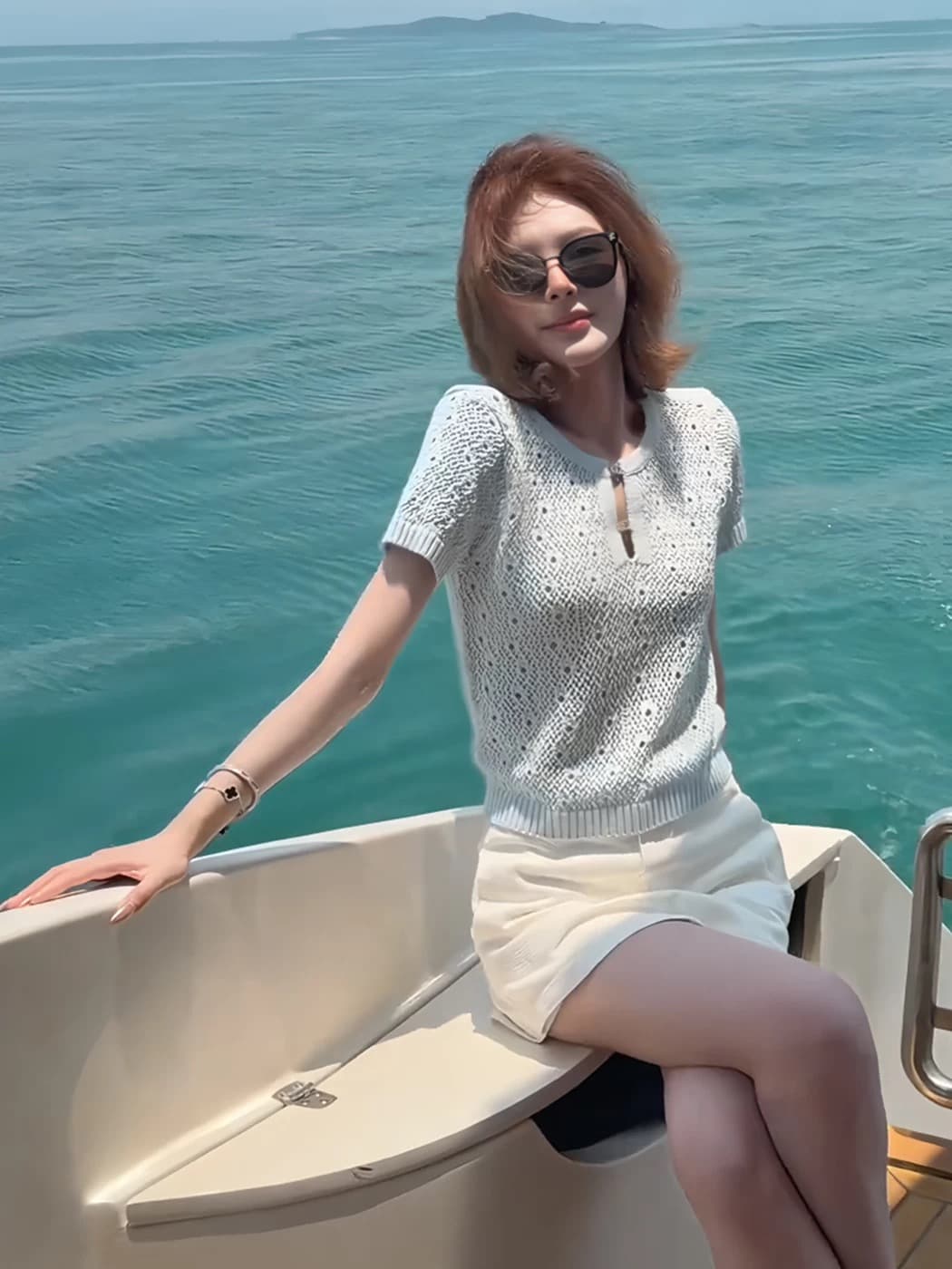 프랑스식 홀로우 아웃 질감 센스 얼음 실크 니트 반팔 티셔츠 여성 여름 작은 샤넬 스타일 품격 몸매 가꾸기 슬림해 보이는 얇은 맨위 상세 이미지 5