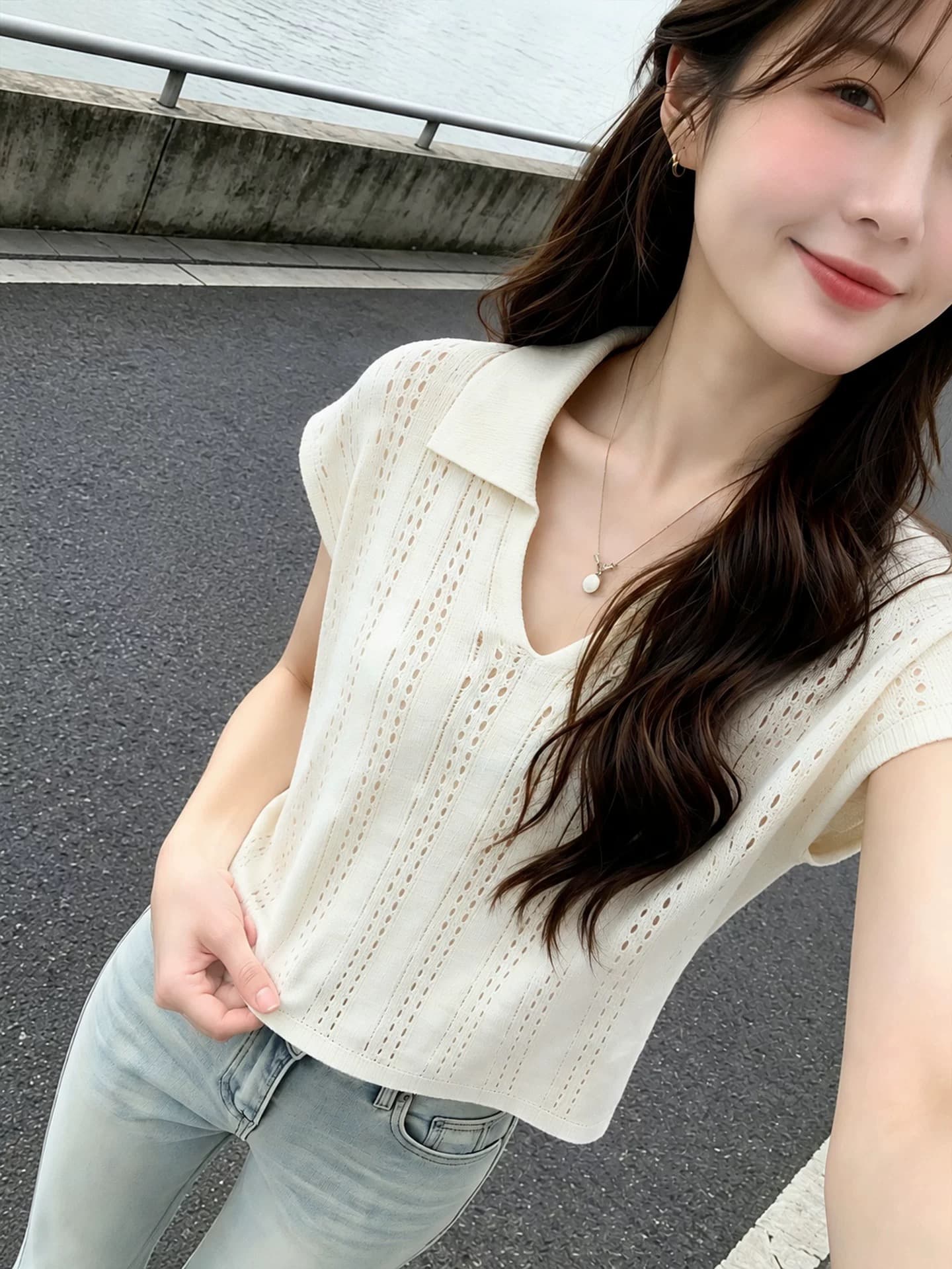 베이지 색 폴로 칼라 티셔츠 여성 2026 여름 몸매 가꾸기 반팔 홀로우 아웃 여름 착용 가져 가라. 고급 프랑스식 사소한 맨위 이미지 3
