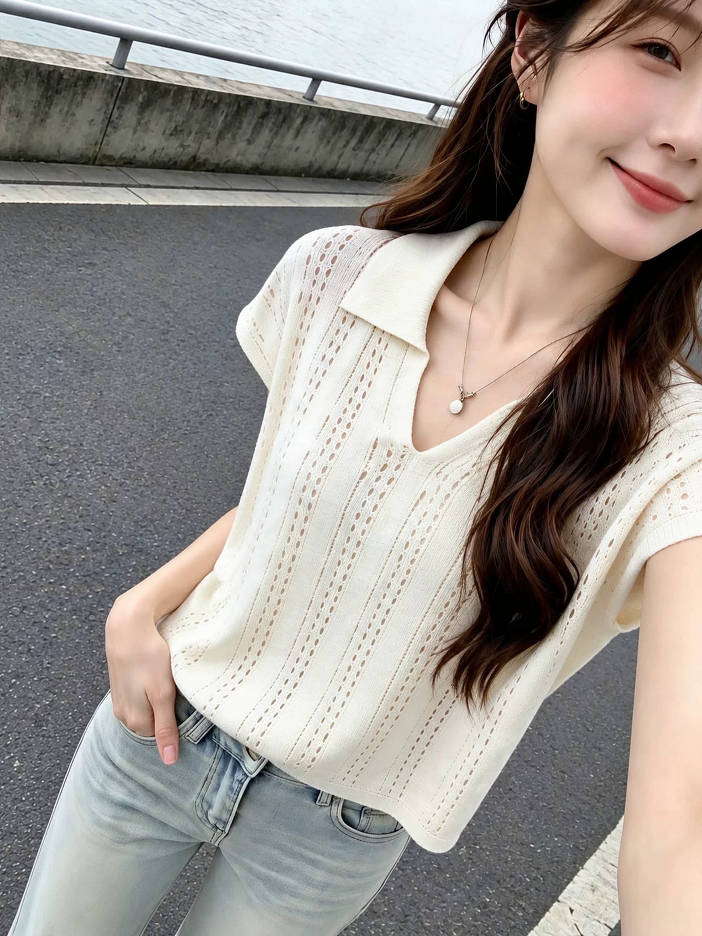 베이지 색 폴로 칼라 티셔츠 여성 2026 여름 몸매 가꾸기 반팔 홀로우 아웃 여름 착용 가져 가라. 고급 프랑스식 사소한 맨위 상세 이미지 4