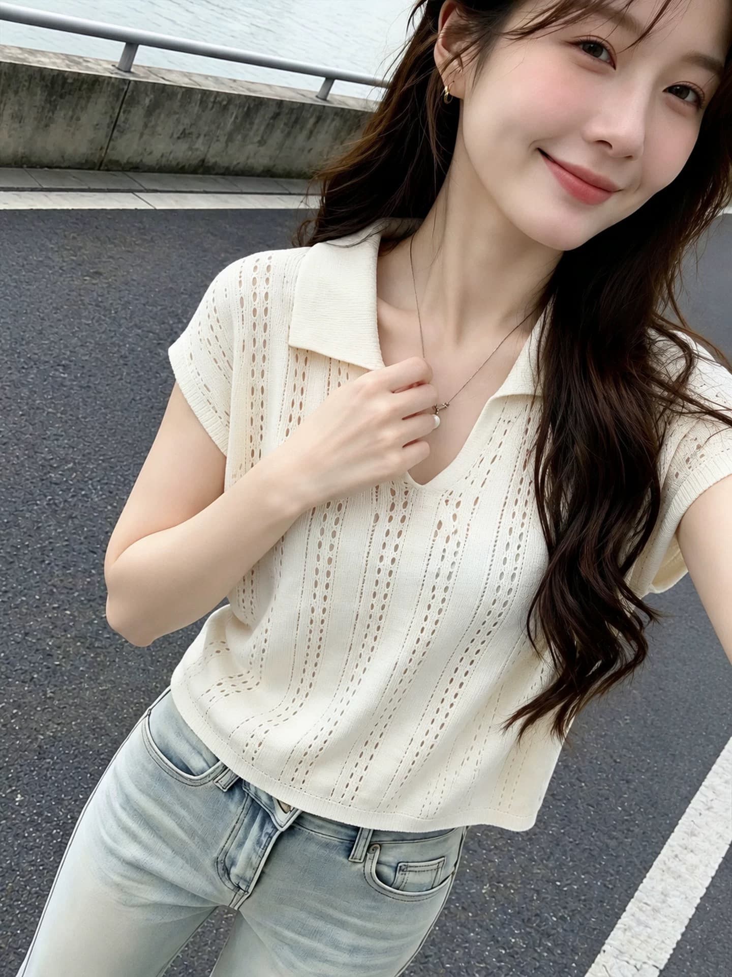 베이지 색 폴로 칼라 티셔츠 여성 2026 여름 몸매 가꾸기 반팔 홀로우 아웃 여름 착용 가져 가라. 고급 프랑스식 사소한 맨위 상세 이미지 5
