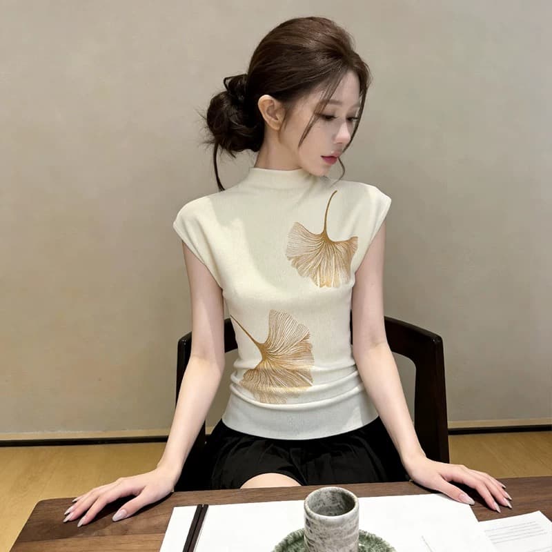 세련된 디자인 센스 반하이넥 반팔 니트 스웨터 여성 여름 인사이드 가져 가라. 프린트 다용도 동정 고유 한 Chic 맨위 이미지 5