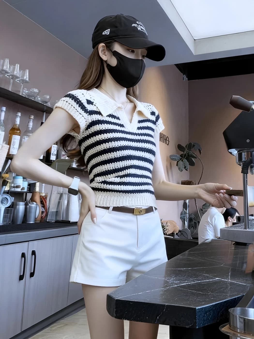 한 부서 배색 스트라이프 POLO 셔츠 Feifei 소매 짠 셔츠 여성 여름 새로운 몸매 가꾸기 슬림해 보이는 홀로우 아웃 티셔츠 맨위 이미지 3