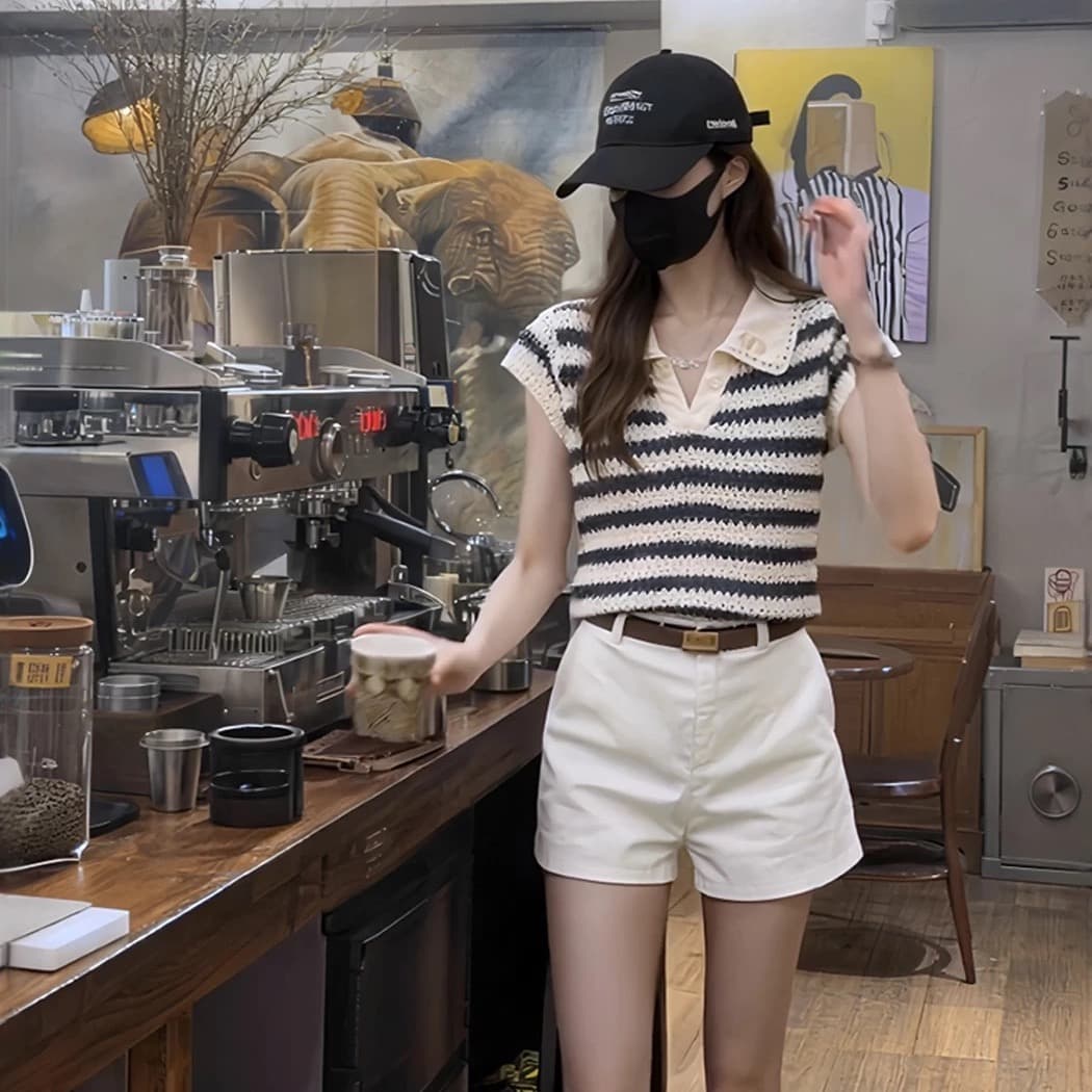 한 부서 배색 스트라이프 POLO 셔츠 Feifei 소매 짠 셔츠 여성 여름 새로운 몸매 가꾸기 슬림해 보이는 홀로우 아웃 티셔츠 맨위 이미지 6