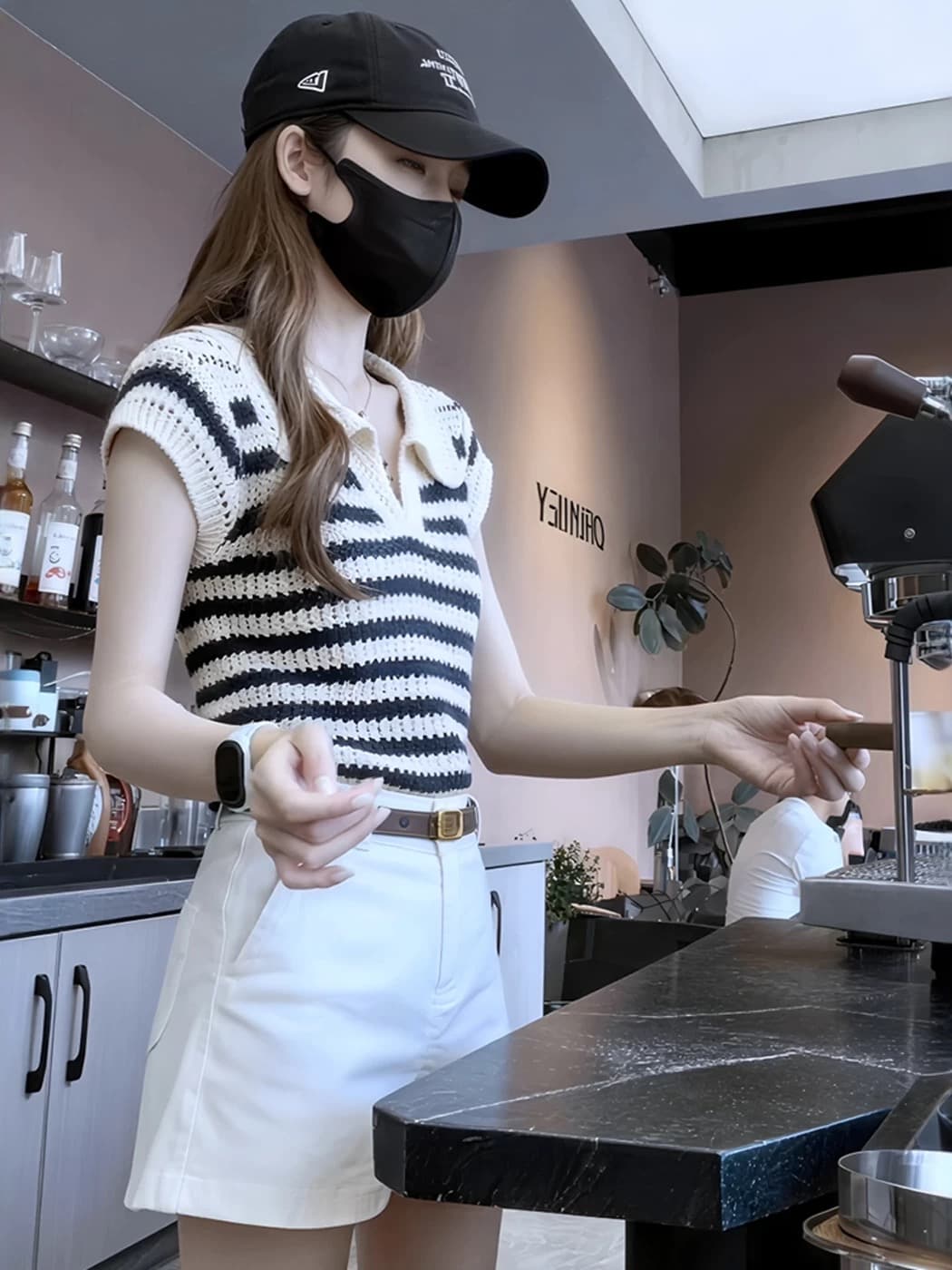 한 부서 배색 스트라이프 POLO 셔츠 Feifei 소매 짠 셔츠 여성 여름 새로운 몸매 가꾸기 슬림해 보이는 홀로우 아웃 티셔츠 맨위 상세 이미지 1