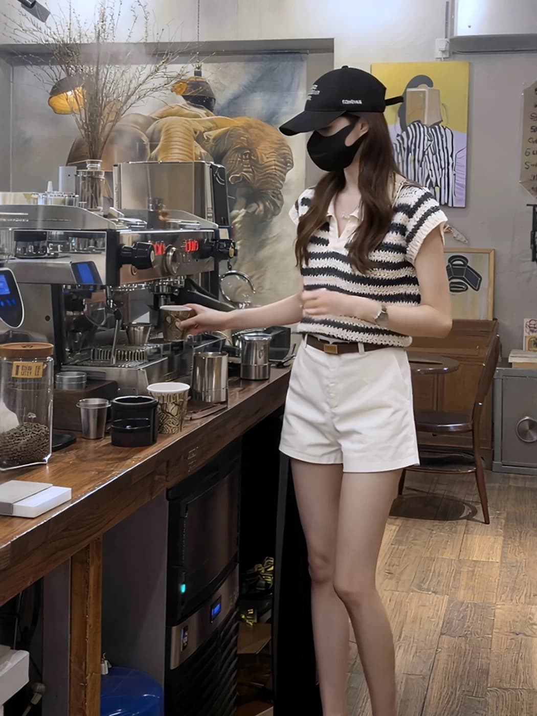 한 부서 배색 스트라이프 POLO 셔츠 Feifei 소매 짠 셔츠 여성 여름 새로운 몸매 가꾸기 슬림해 보이는 홀로우 아웃 티셔츠 맨위 상세 이미지 4