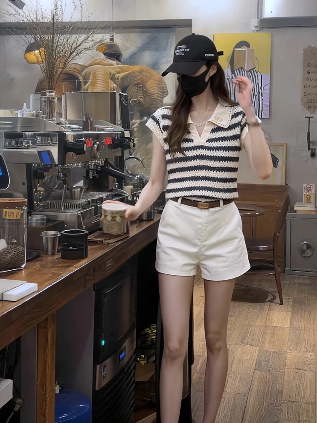 한 부서 배색 스트라이프 POLO 셔츠 Feifei 소매 짠 셔츠 여성 여름 새로운 몸매 가꾸기 슬림해 보이는 홀로우 아웃 티셔츠 맨위 상세 이미지 5