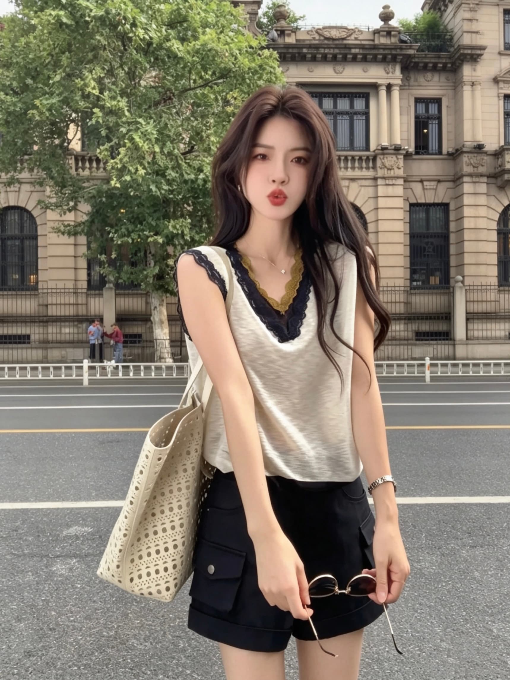 2026 여름 빛 럭셔리 고급 센스 연령 감소 맨위 Chic 고유 한 아니요 명중 섹션 해군 민소매 조끼 티셔츠 여성 상세 이미지 5
