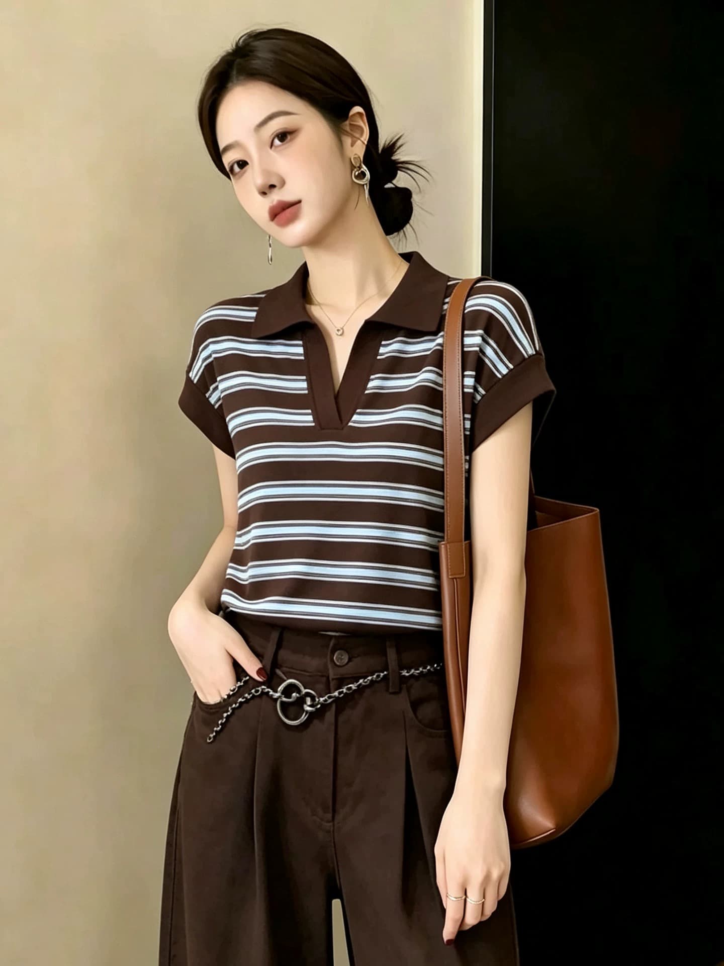 한 부서 커피 색상 스트라이프 학원 스타일 POLO 셔츠 여성용 짧은 소매 티셔츠 여름 루즈핏 디자인 센스 작은 대중 캐주얼 맨위 상세 이미지 1