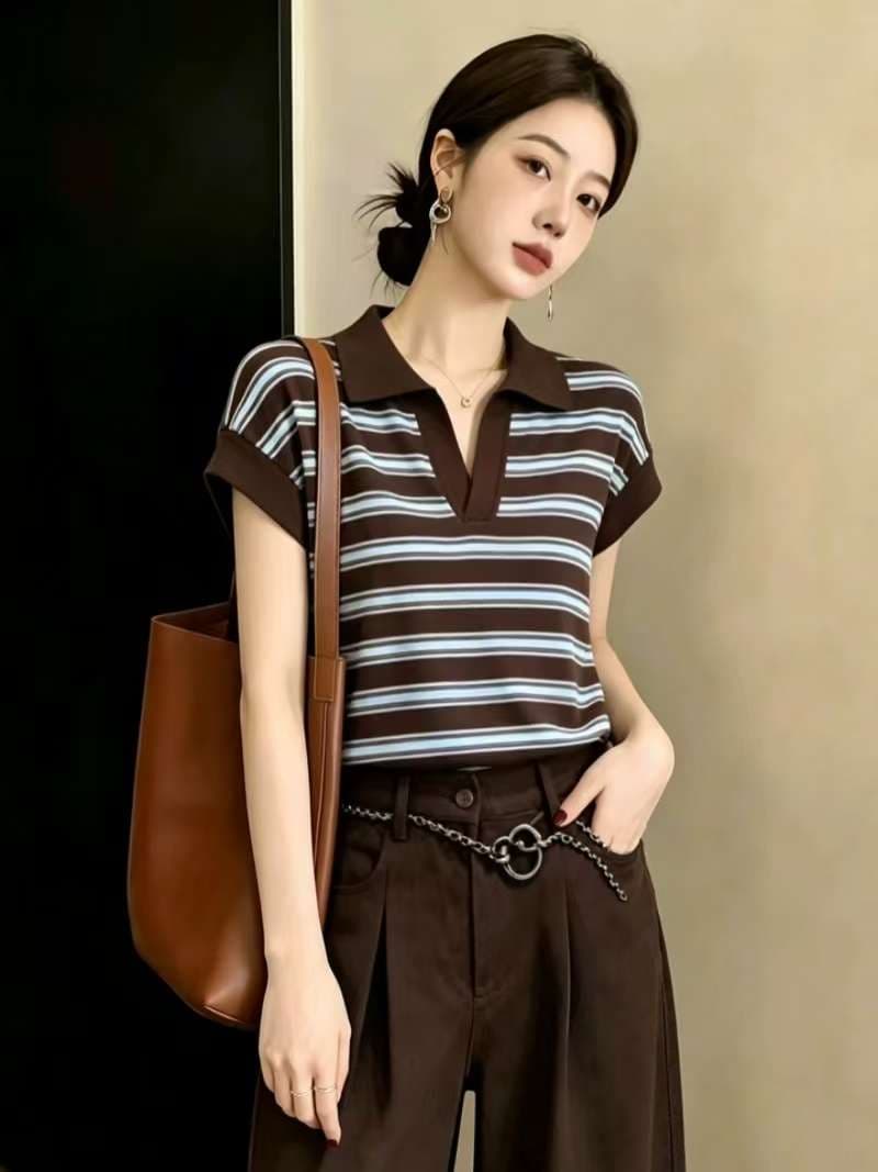 한 부서 커피 색상 스트라이프 학원 스타일 POLO 셔츠 여성용 짧은 소매 티셔츠 여름 루즈핏 디자인 센스 작은 대중 캐주얼 맨위 상세 이미지 2