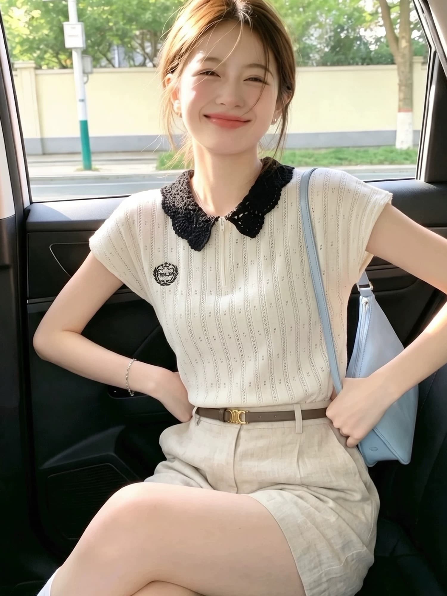 프랑스식 레이스 베이비 칼라 하프 지퍼 휘장 자수 작은 셔츠 2026 여름 새로운 우아함 홀로우 아웃 니트 맨위 이미지 4