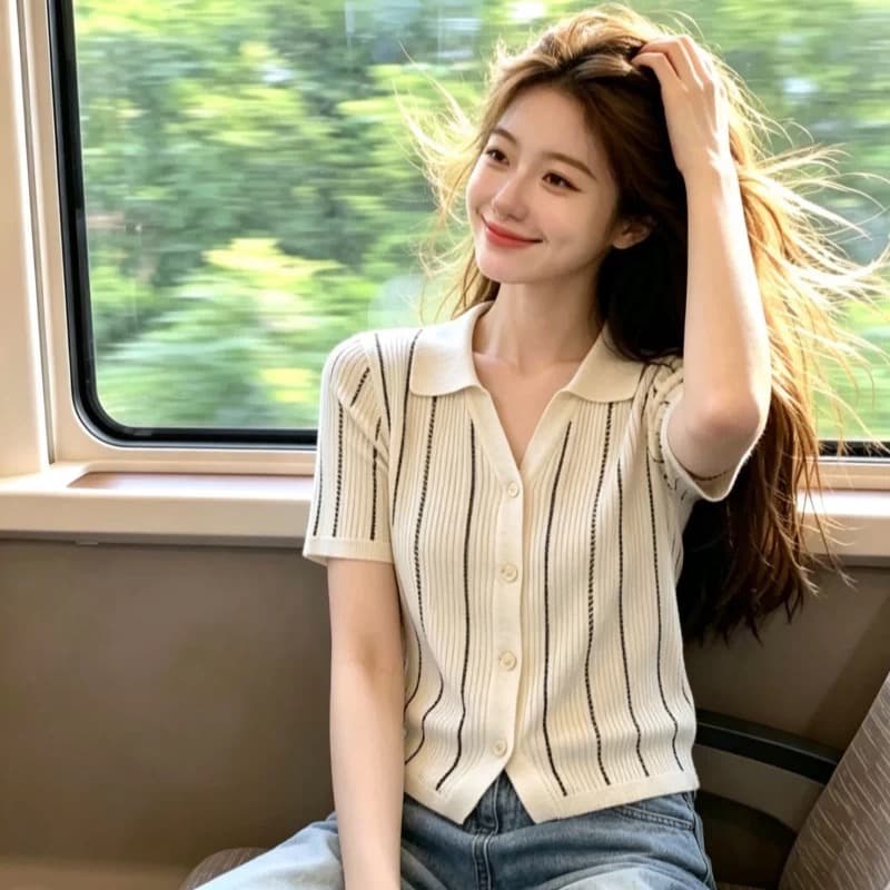 오래된 돈 바람 배색 세로 줄무늬 POLO 칼라 니트 조끼 여성 2026 여름 품격 몸매 가꾸기 슬림해 보이는 민소매 맨위 이미지 5