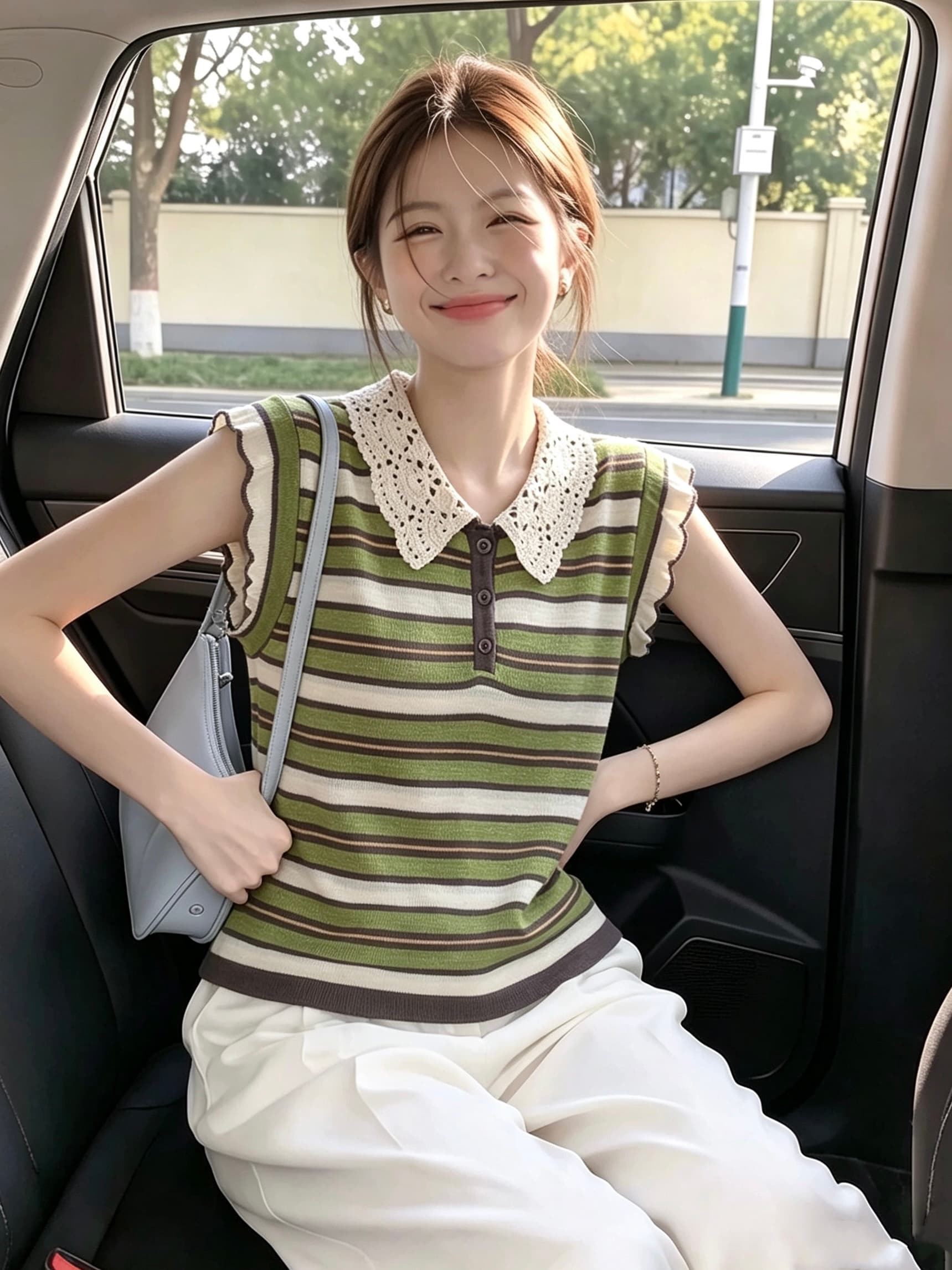 오래된 돈 바람 레이스 폴로 칼라 녹색 스트라이프 니트 반팔 티셔츠 여성 여름 고급 센스 민소매 맨위 고유 한 Chic