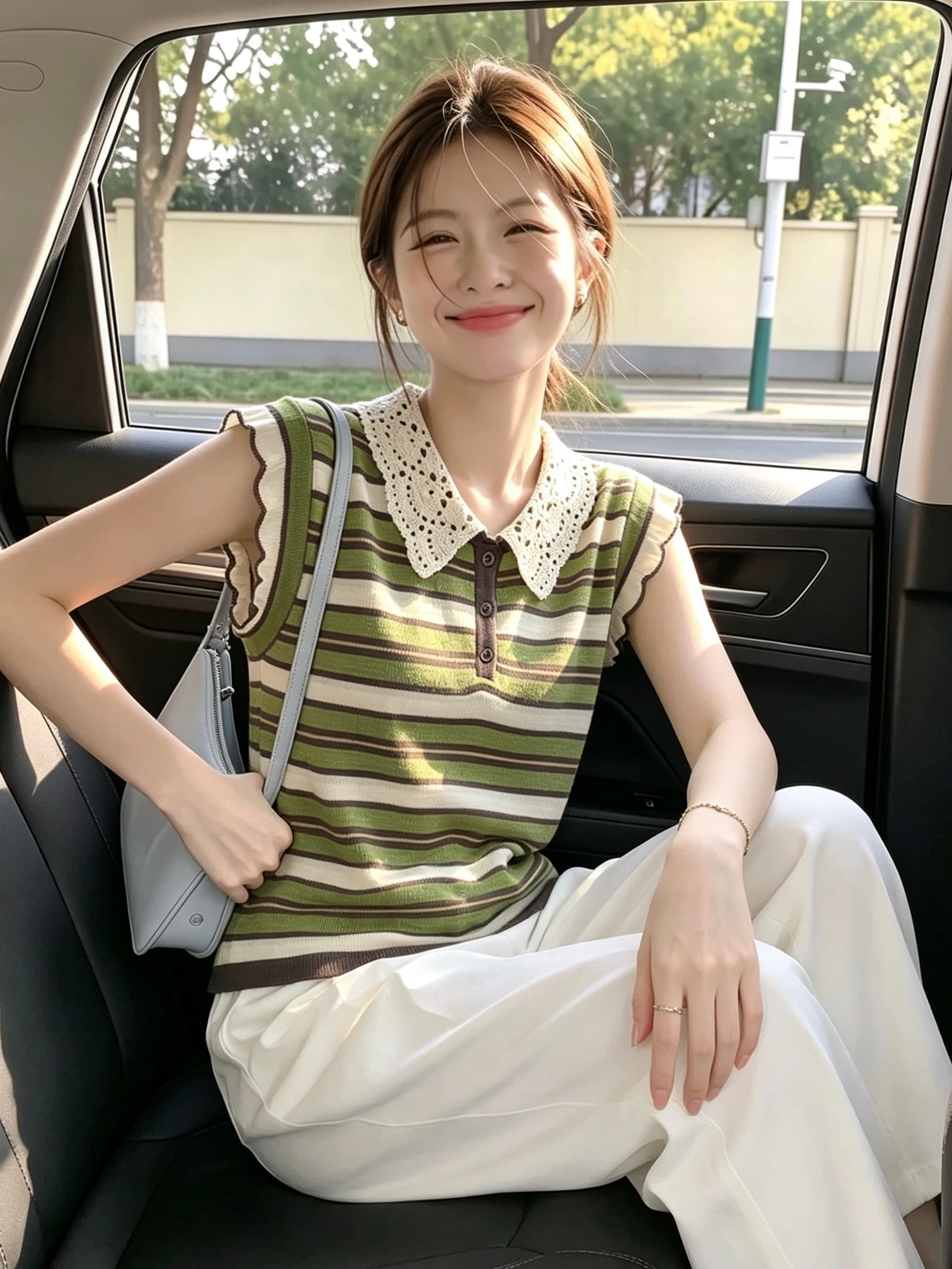 오래된 돈 바람 레이스 폴로 칼라 녹색 스트라이프 니트 반팔 티셔츠 여성 여름 고급 센스 민소매 맨위 고유 한 Chic 이미지 2