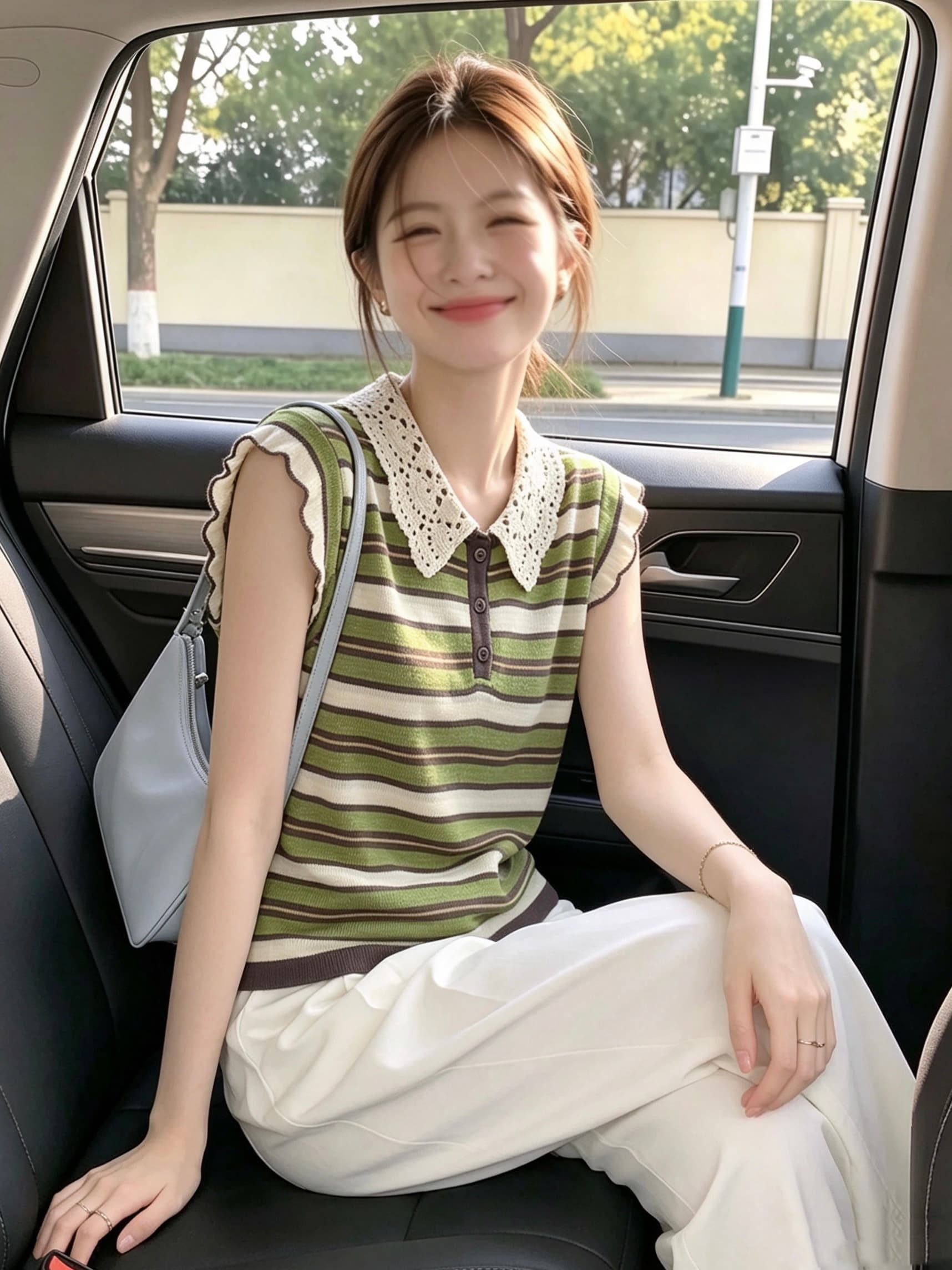 오래된 돈 바람 레이스 폴로 칼라 녹색 스트라이프 니트 반팔 티셔츠 여성 여름 고급 센스 민소매 맨위 고유 한 Chic 상세 이미지 2