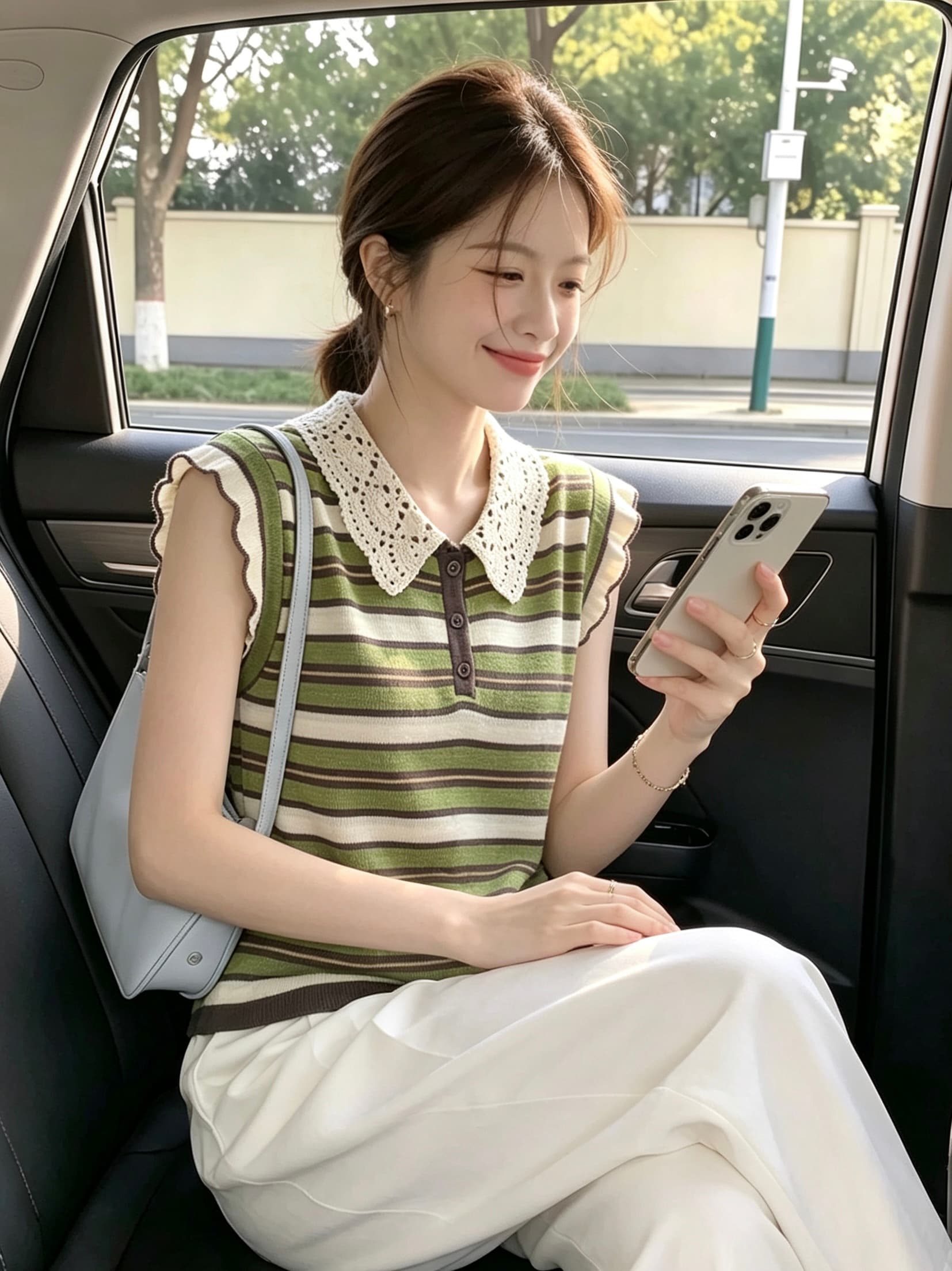 오래된 돈 바람 레이스 폴로 칼라 녹색 스트라이프 니트 반팔 티셔츠 여성 여름 고급 센스 민소매 맨위 고유 한 Chic 상세 이미지 3