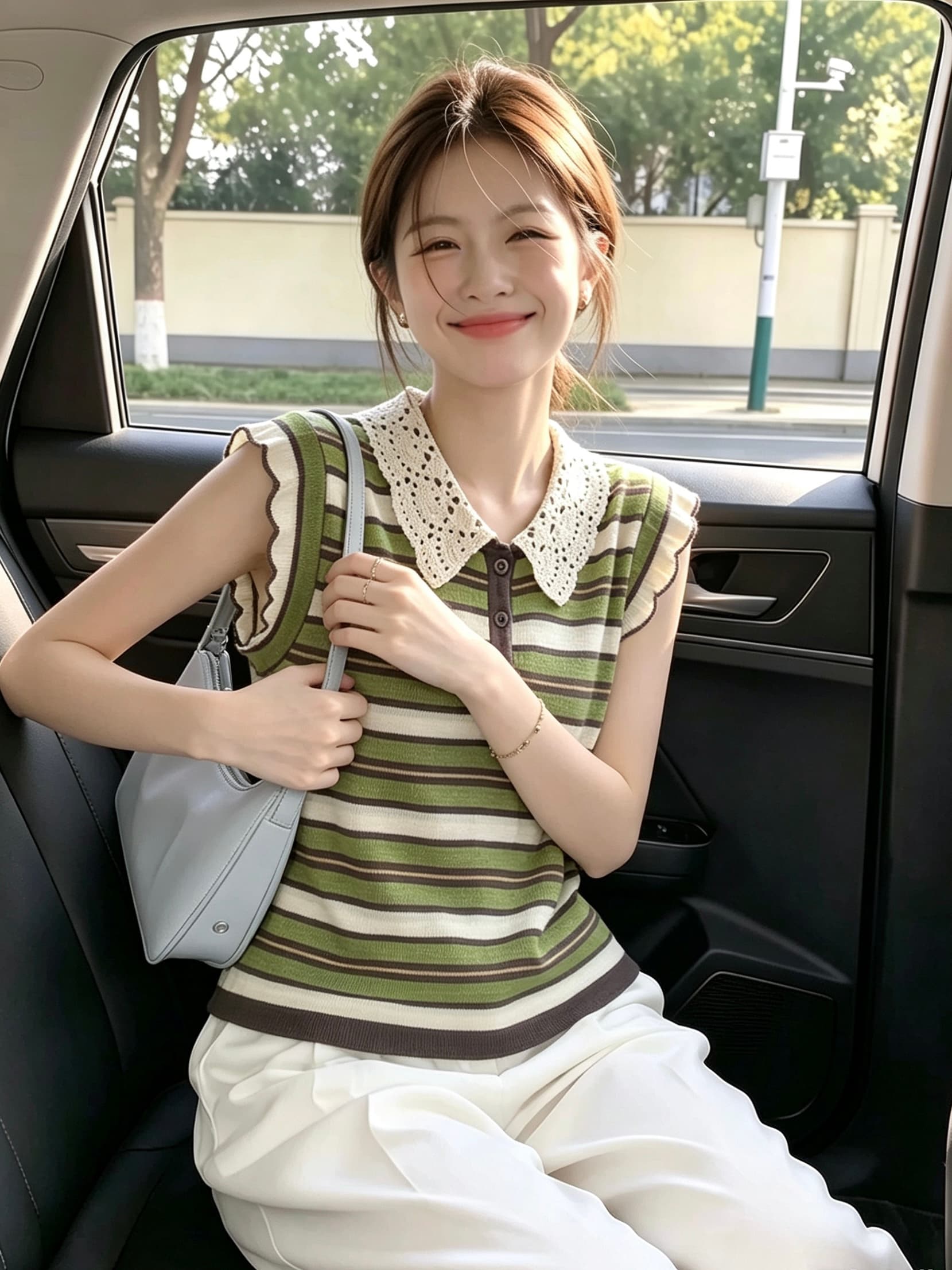 오래된 돈 바람 레이스 폴로 칼라 녹색 스트라이프 니트 반팔 티셔츠 여성 여름 고급 센스 민소매 맨위 고유 한 Chic 상세 이미지 5