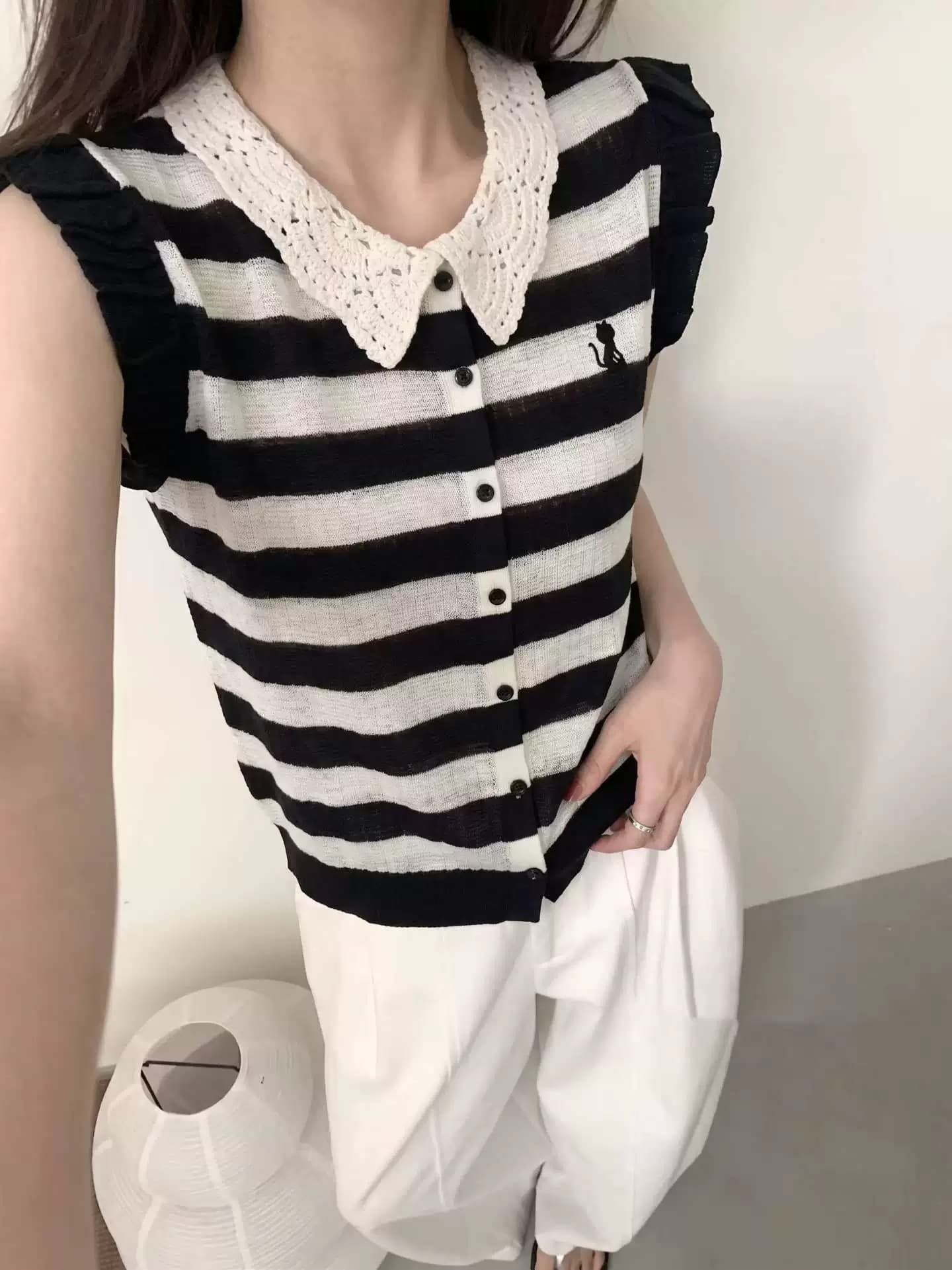 프랑스식 소녀 센스 레이스 칼라 니트 스웨터 프릴 날다 소매 새끼 고양이 자수 몸매 가꾸기 슬림해 보이는 통기성 주름 센스 맨위 이미지 4