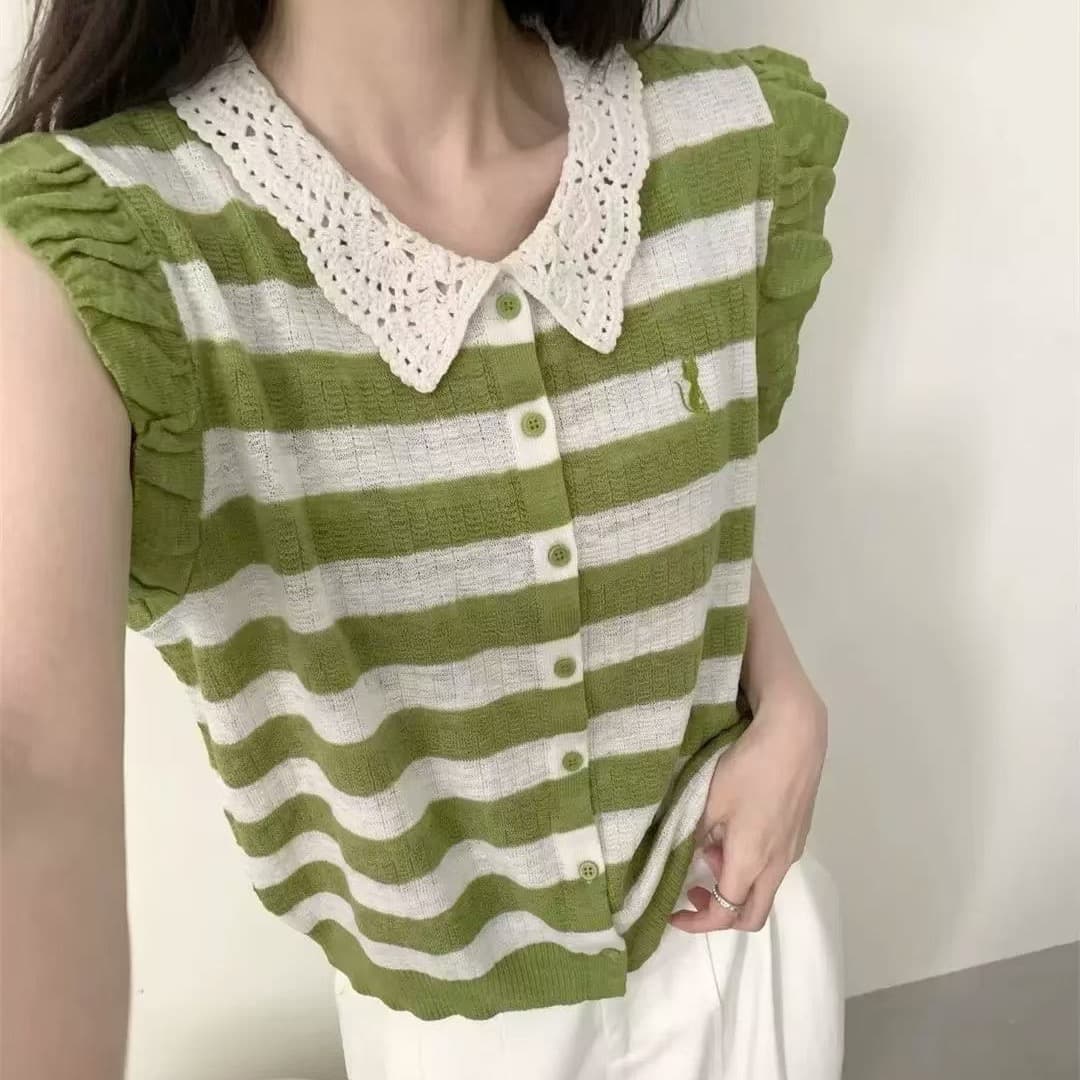 프랑스식 소녀 센스 레이스 칼라 니트 스웨터 프릴 날다 소매 새끼 고양이 자수 몸매 가꾸기 슬림해 보이는 통기성 주름 센스 맨위 이미지 5