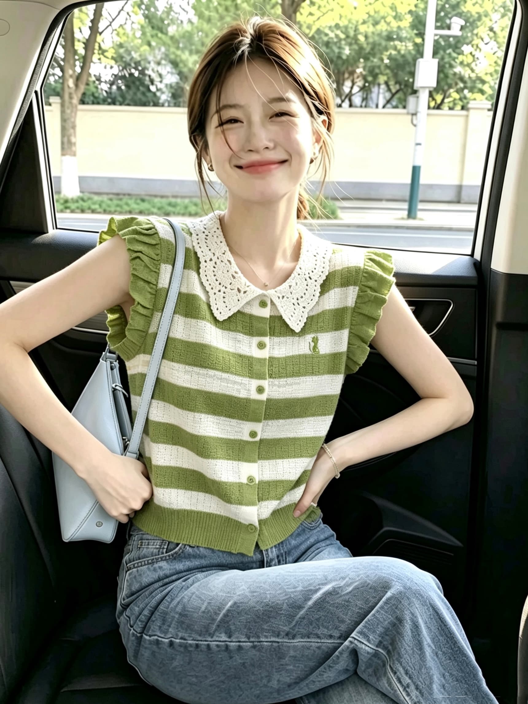 프랑스식 소녀 센스 레이스 칼라 니트 스웨터 프릴 날다 소매 새끼 고양이 자수 몸매 가꾸기 슬림해 보이는 통기성 주름 센스 맨위 상세 이미지 1