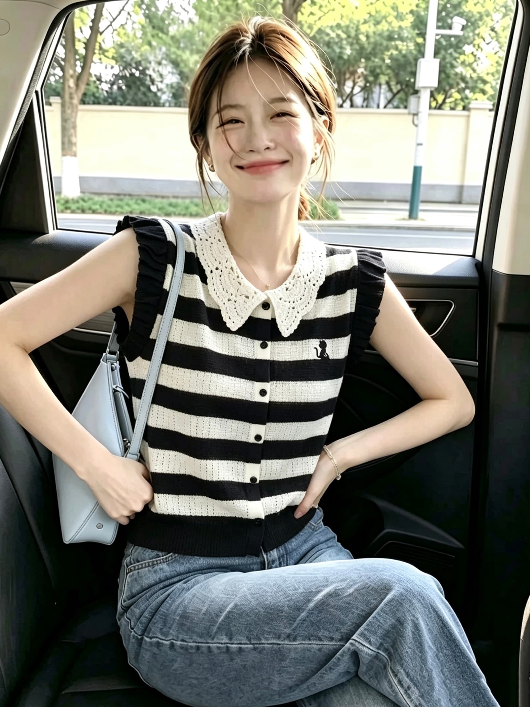 프랑스식 소녀 센스 레이스 칼라 니트 스웨터 프릴 날다 소매 새끼 고양이 자수 몸매 가꾸기 슬림해 보이는 통기성 주름 센스 맨위 상세 이미지 2
