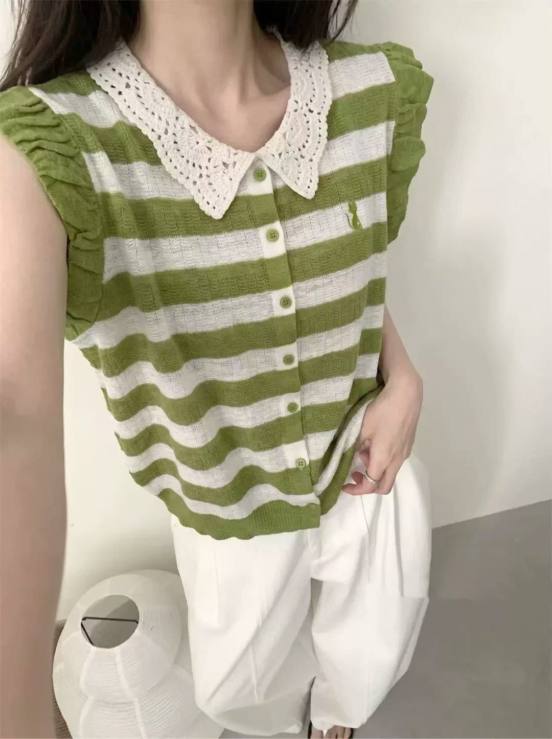 프랑스식 소녀 센스 레이스 칼라 니트 스웨터 프릴 날다 소매 새끼 고양이 자수 몸매 가꾸기 슬림해 보이는 통기성 주름 센스 맨위 상세 이미지 6