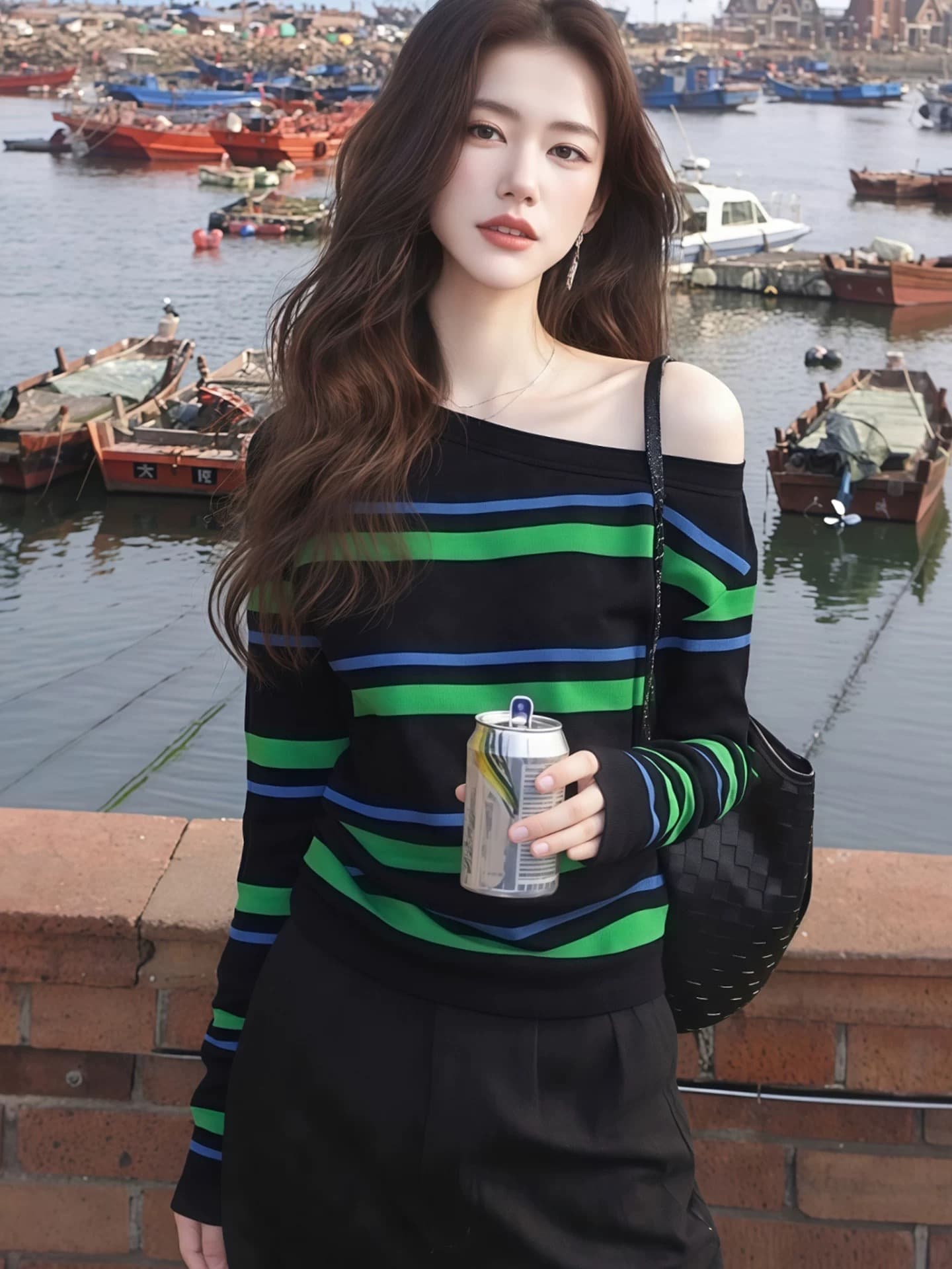 이른 가을 고유 한 배색 스트라이프 니트 기본 셔츠 여성 인사이드 가져 가라. 디자인 센스 레트로 달콤한 핫걸 비스듬한 칼라 오프숄더 맨위