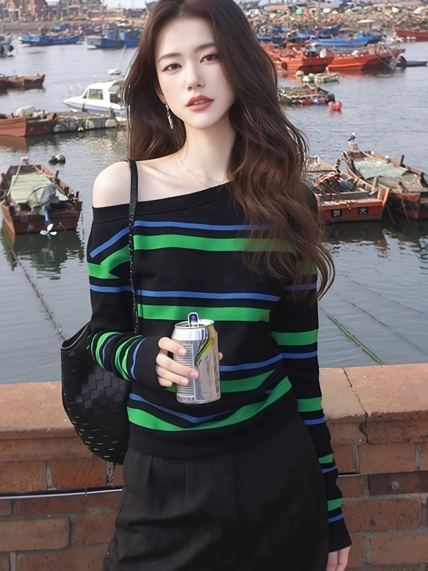 이른 가을 고유 한 배색 스트라이프 니트 기본 셔츠 여성 인사이드 가져 가라. 디자인 센스 레트로 달콤한 핫걸 비스듬한 칼라 오프숄더 맨위 상세 이미지 2