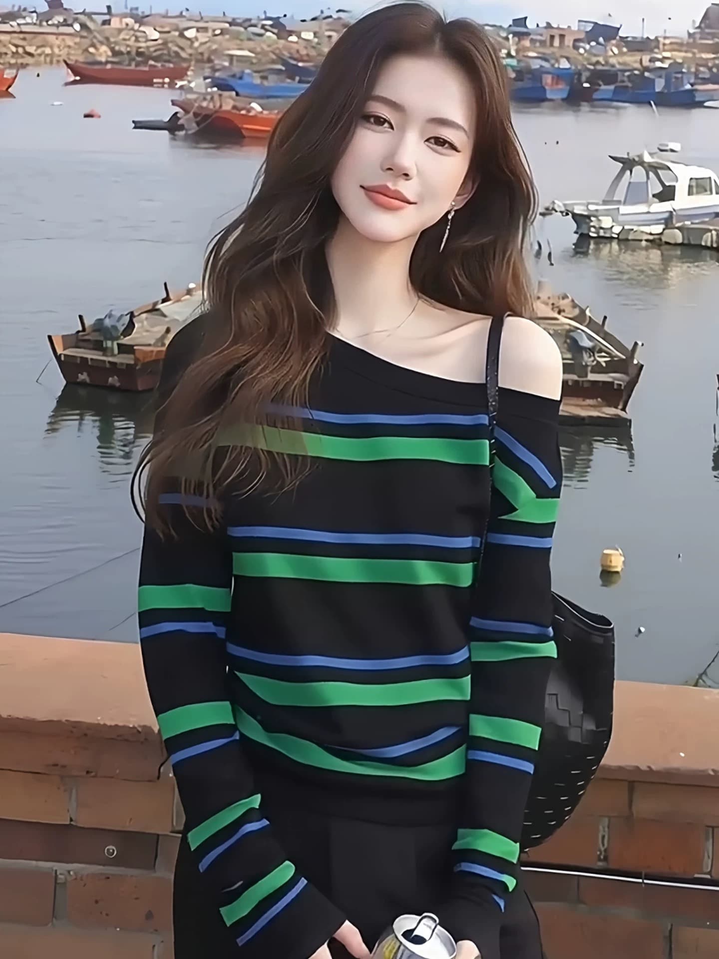 이른 가을 고유 한 배색 스트라이프 니트 기본 셔츠 여성 인사이드 가져 가라. 디자인 센스 레트로 달콤한 핫걸 비스듬한 칼라 오프숄더 맨위 상세 이미지 5