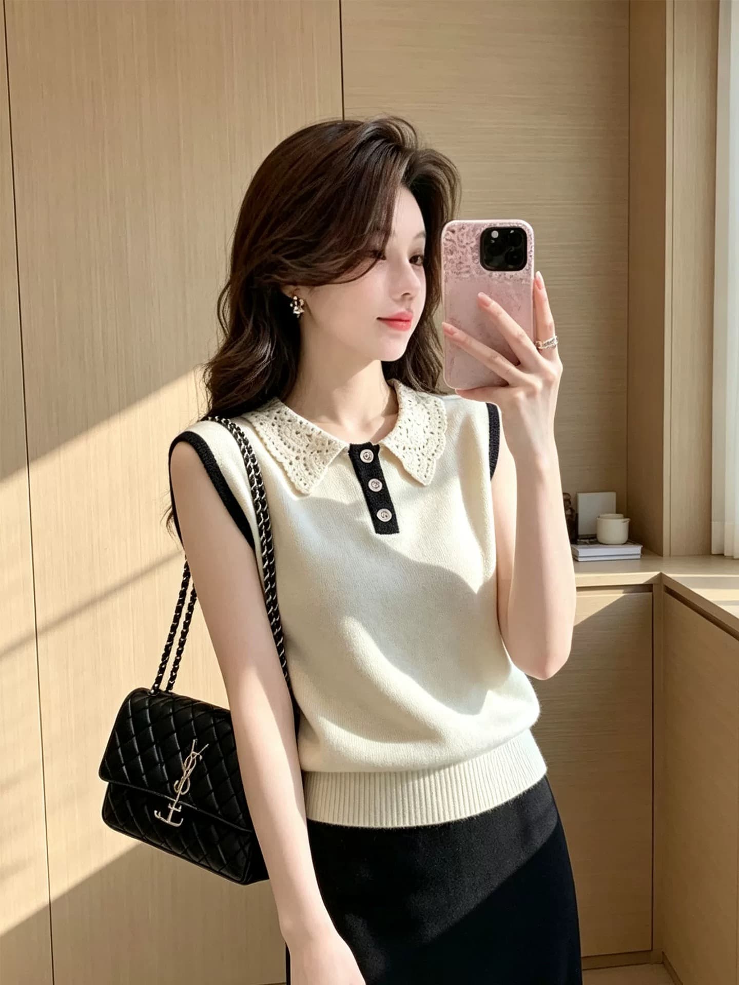 프랑스식 레이스 조각 폴로 칼라 티셔츠 여성 여름 배색 Chic 다용도 슬림해 보이는 맨위