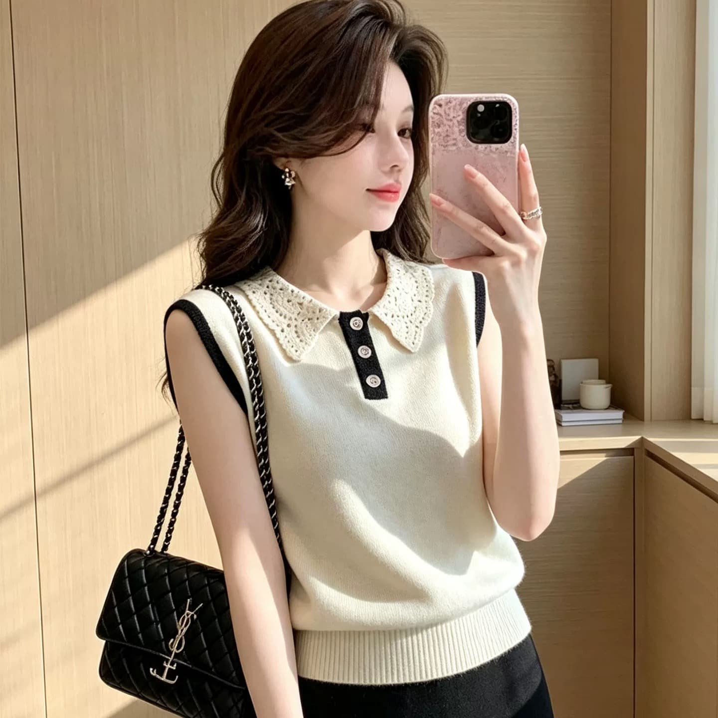 프랑스식 레이스 조각 폴로 칼라 티셔츠 여성 여름 배색 Chic 다용도 슬림해 보이는 맨위 이미지 5