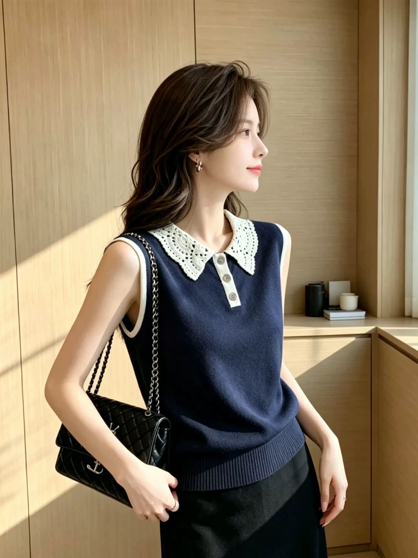 프랑스식 레이스 조각 폴로 칼라 티셔츠 여성 여름 배색 Chic 다용도 슬림해 보이는 맨위 상세 이미지 2