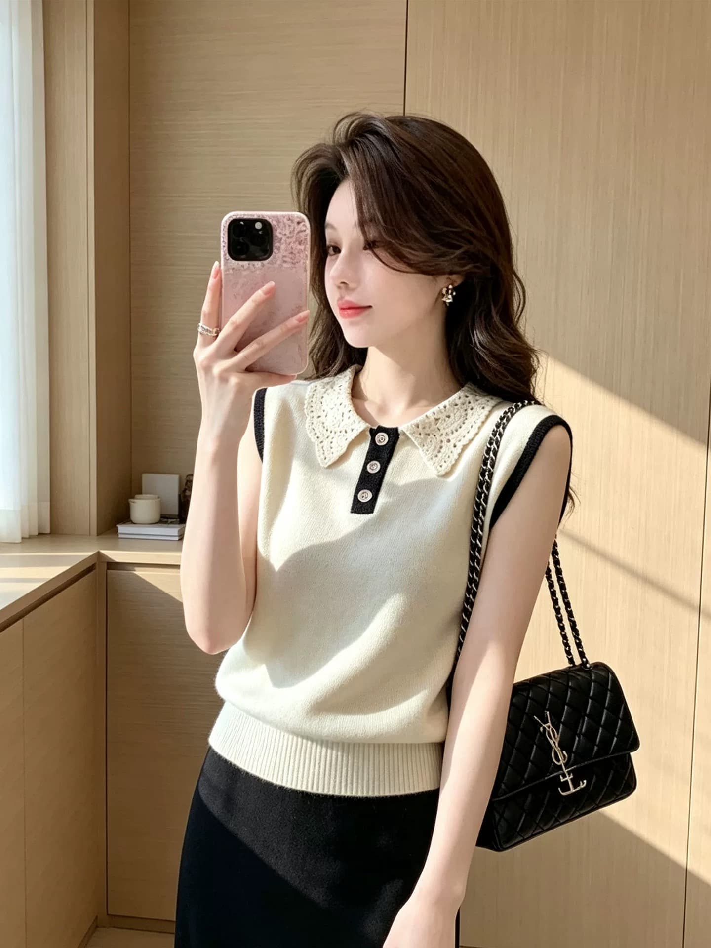 프랑스식 레이스 조각 폴로 칼라 티셔츠 여성 여름 배색 Chic 다용도 슬림해 보이는 맨위 상세 이미지 3